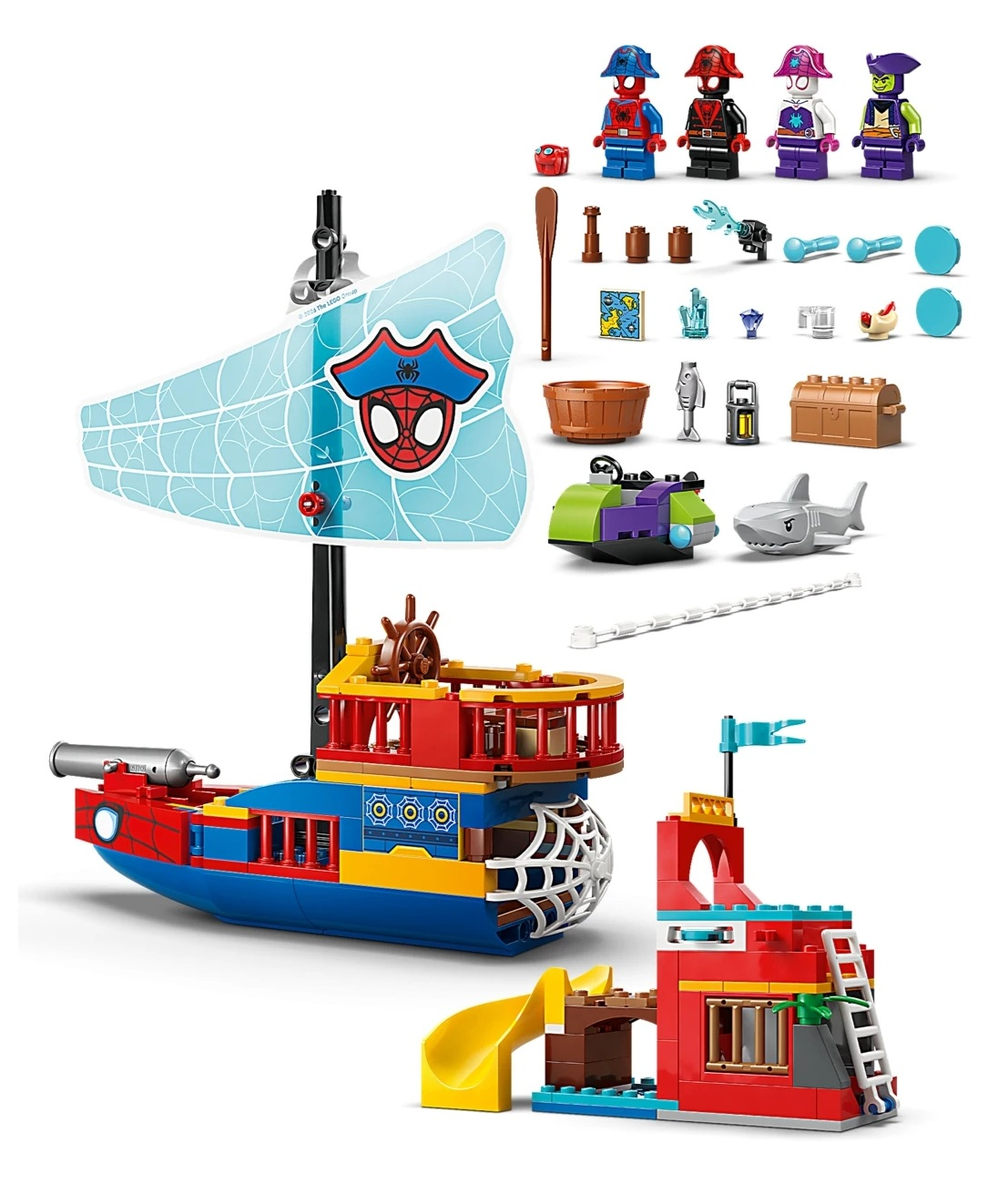 Zestaw zabawek Lego z łodzią piracką, wyspą, postaciami Spidermana i akcesoriami.