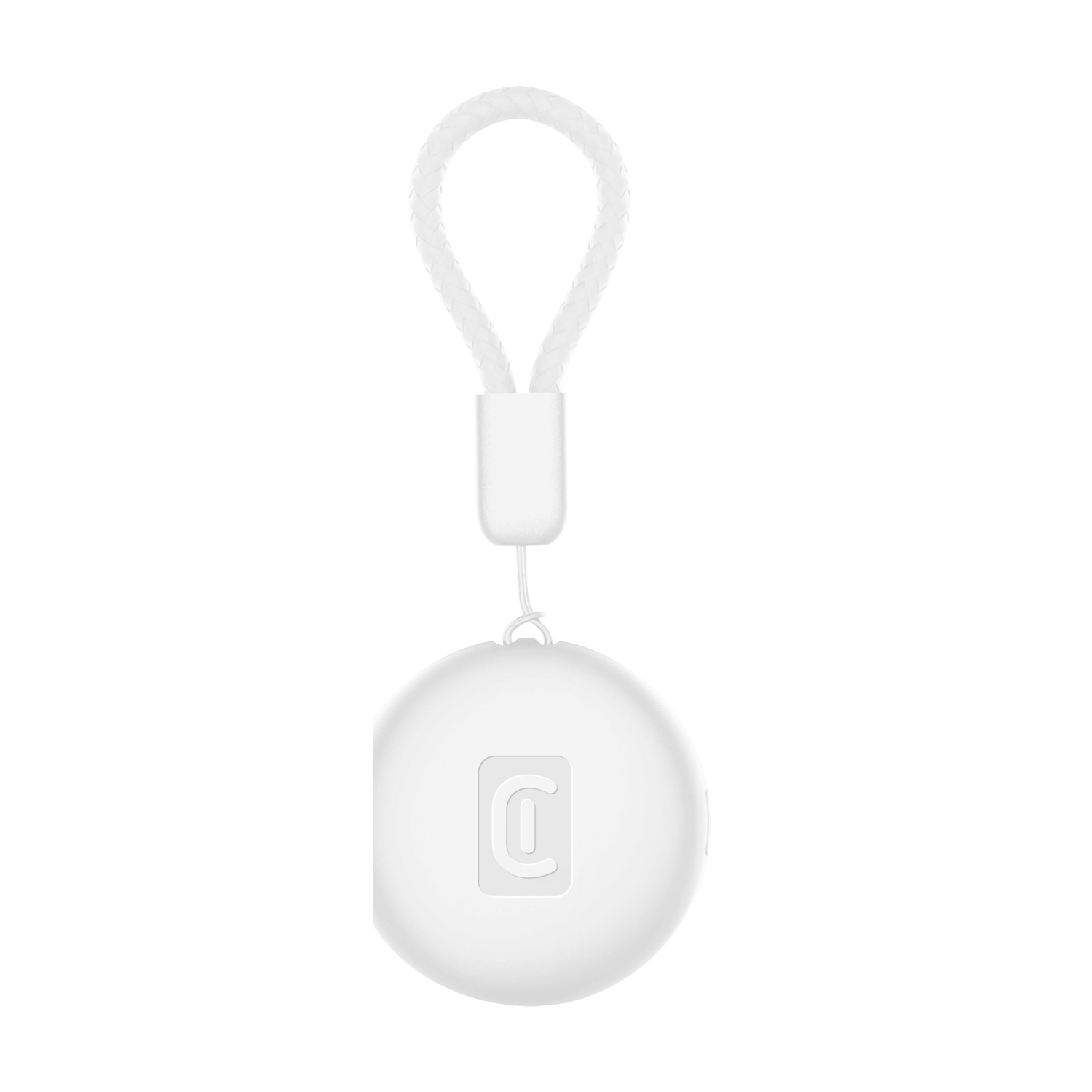 Un ciondolo bianco con simbolo C inciso e cinturino intrecciato.