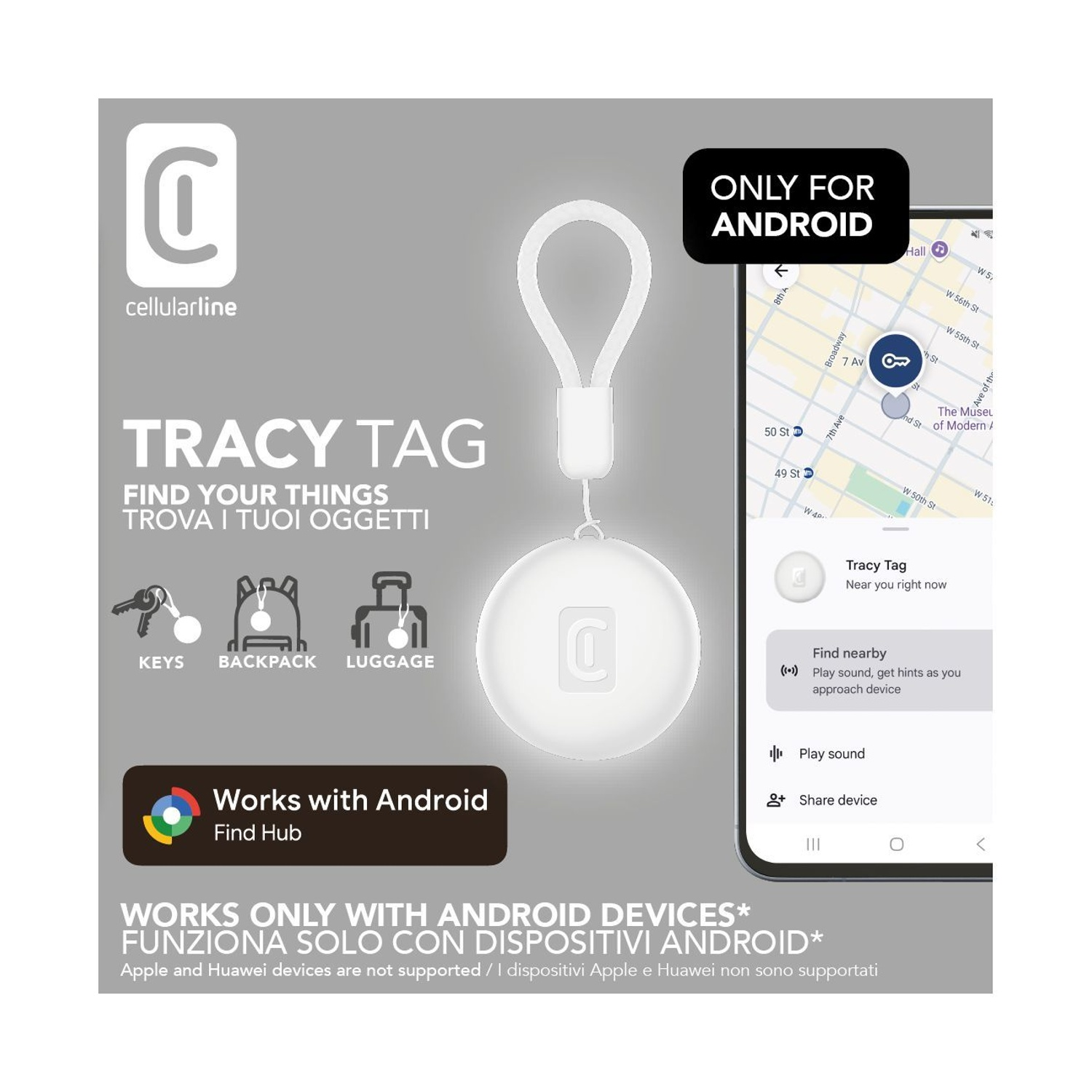 Cellularline Tracy Tag per Android. Mostra chiavi, zaino, bagagli. App del telefono visualizzata.