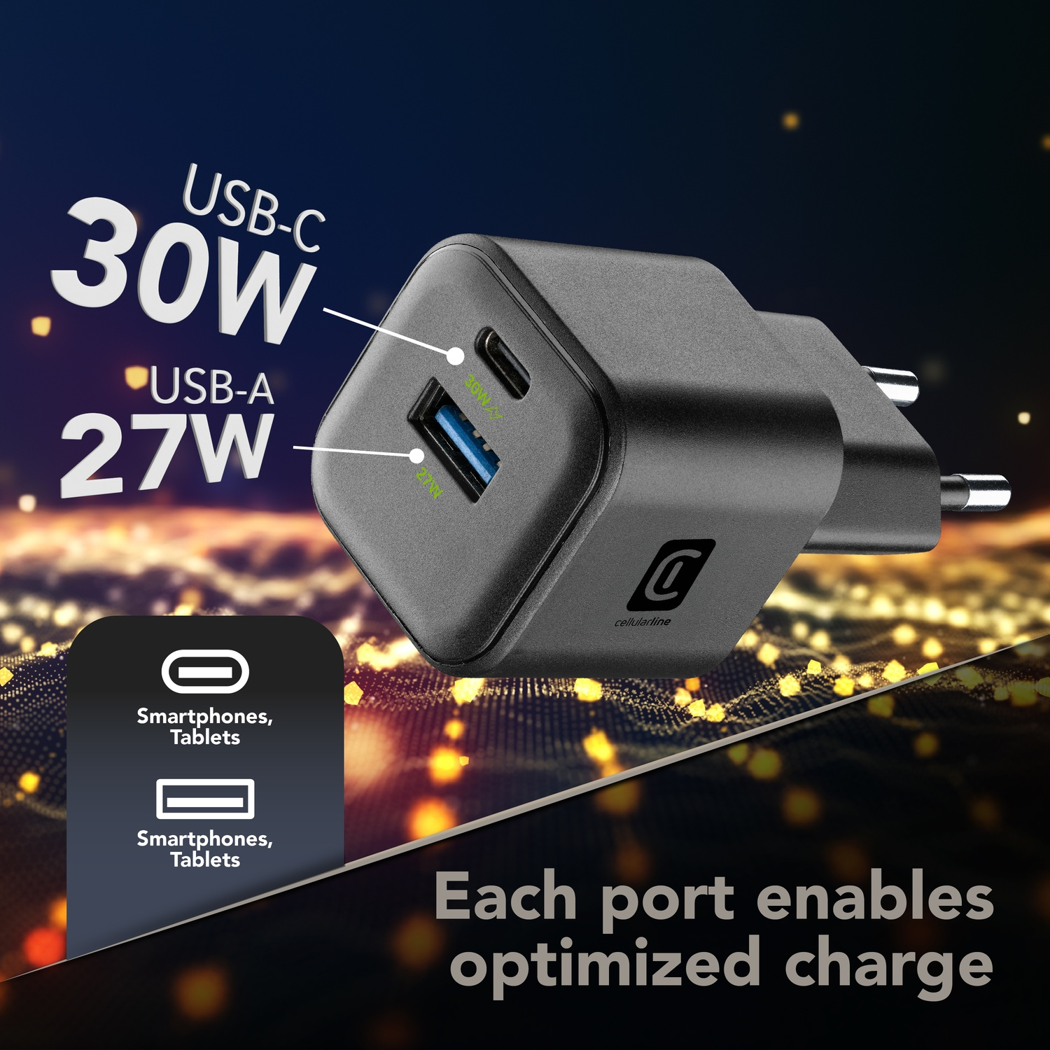 Caricabatterie USB-C e USB-A nero con porte da 30W e 27W. Carica ottimizzata per smartphone.