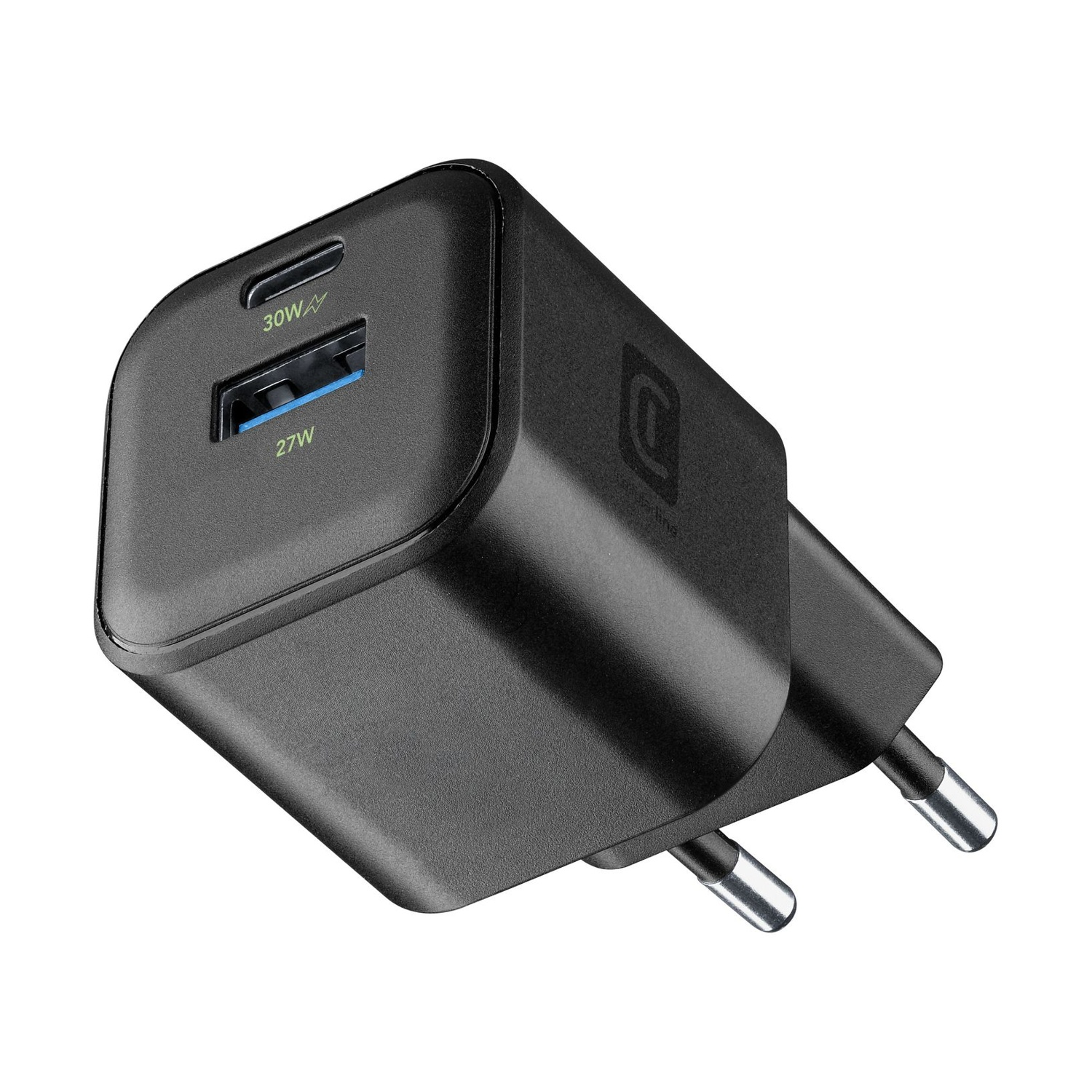 Caricatore nero con due porte USB, 30W e 27W.
