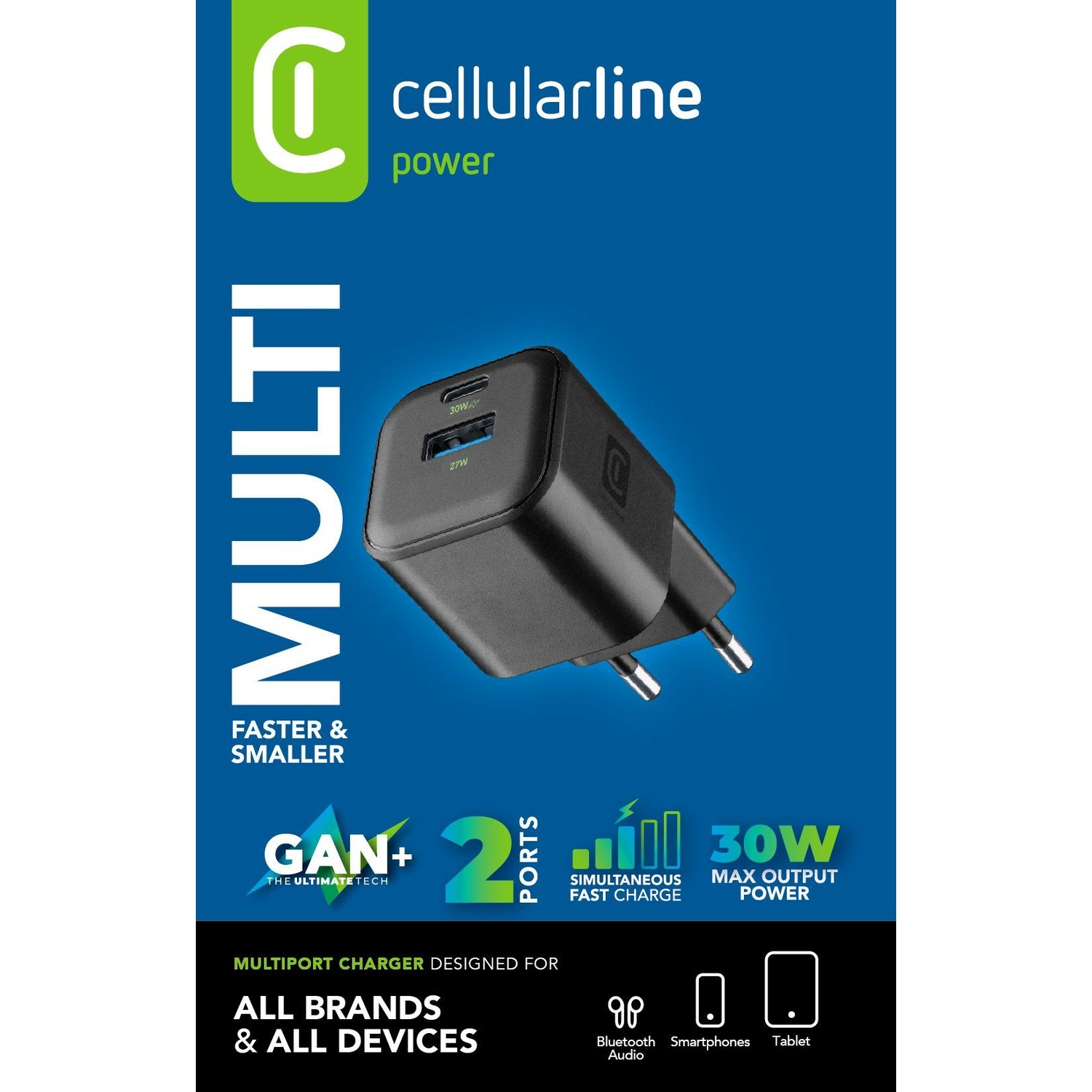 Un caricatore multiport Cellularline nero con due porte USB.