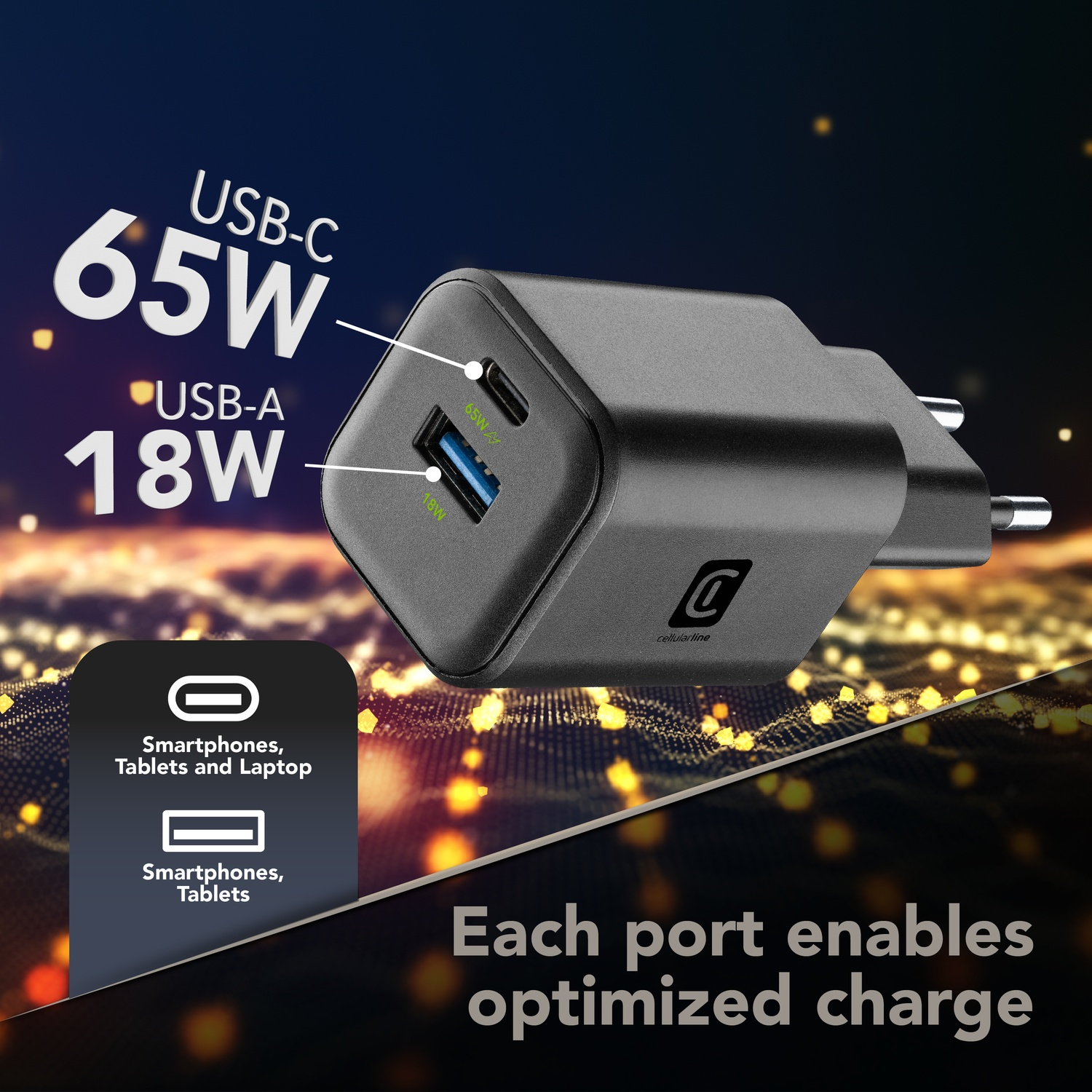 Caricatore nero USB-C 65W e USB-A 18W con due porte.
