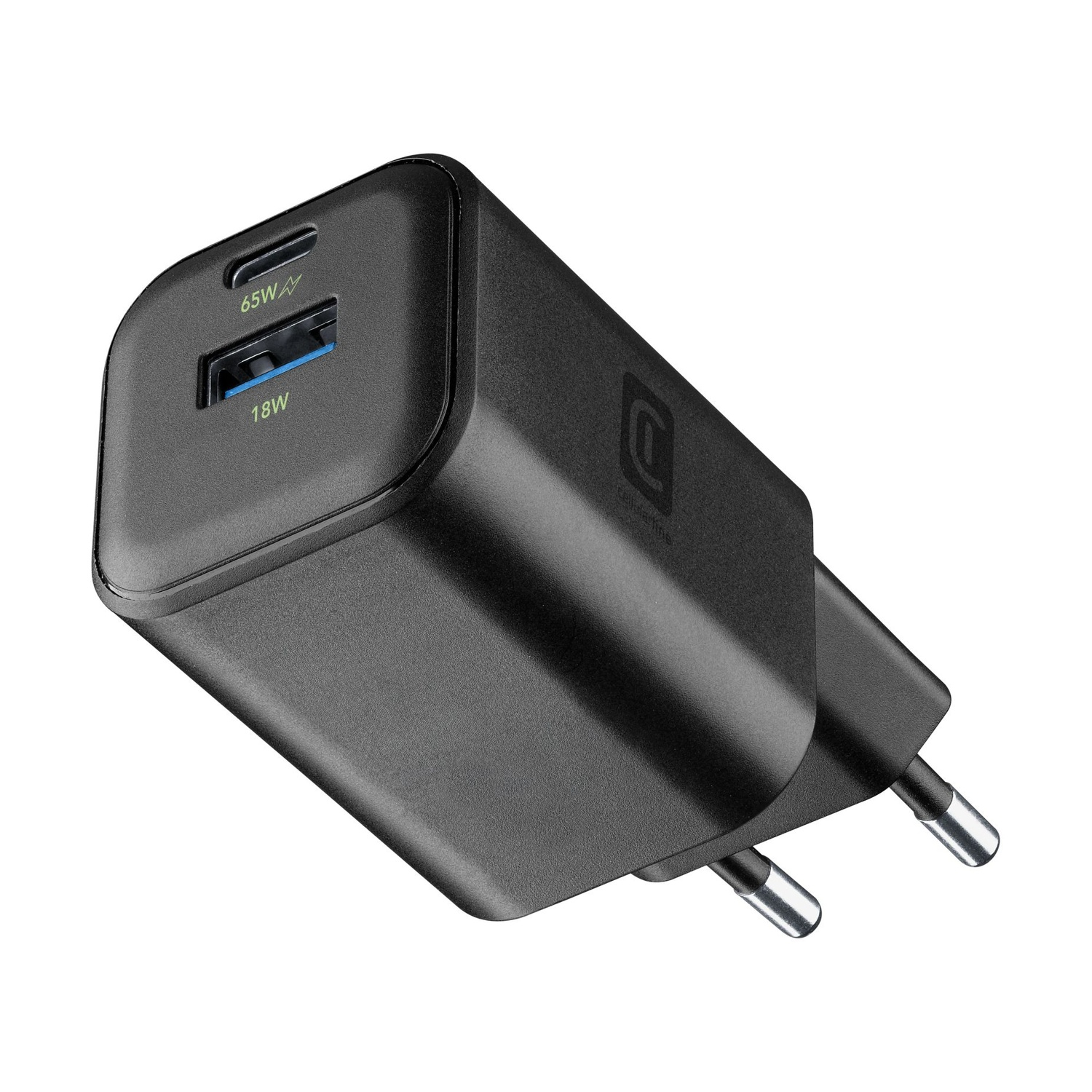 Caricatore USB-C nero con porte da 65W e 18W.