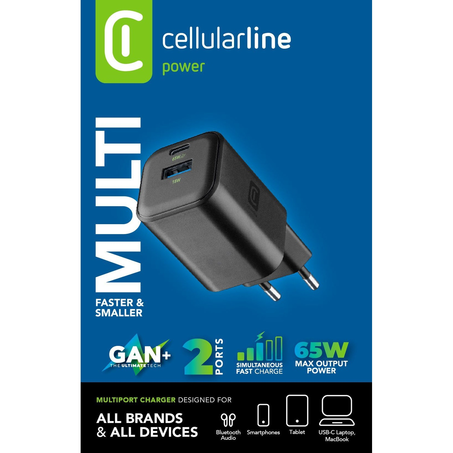 Un caricatore multiport nero Cellularline con 2 porte e 65W di potenza massima.