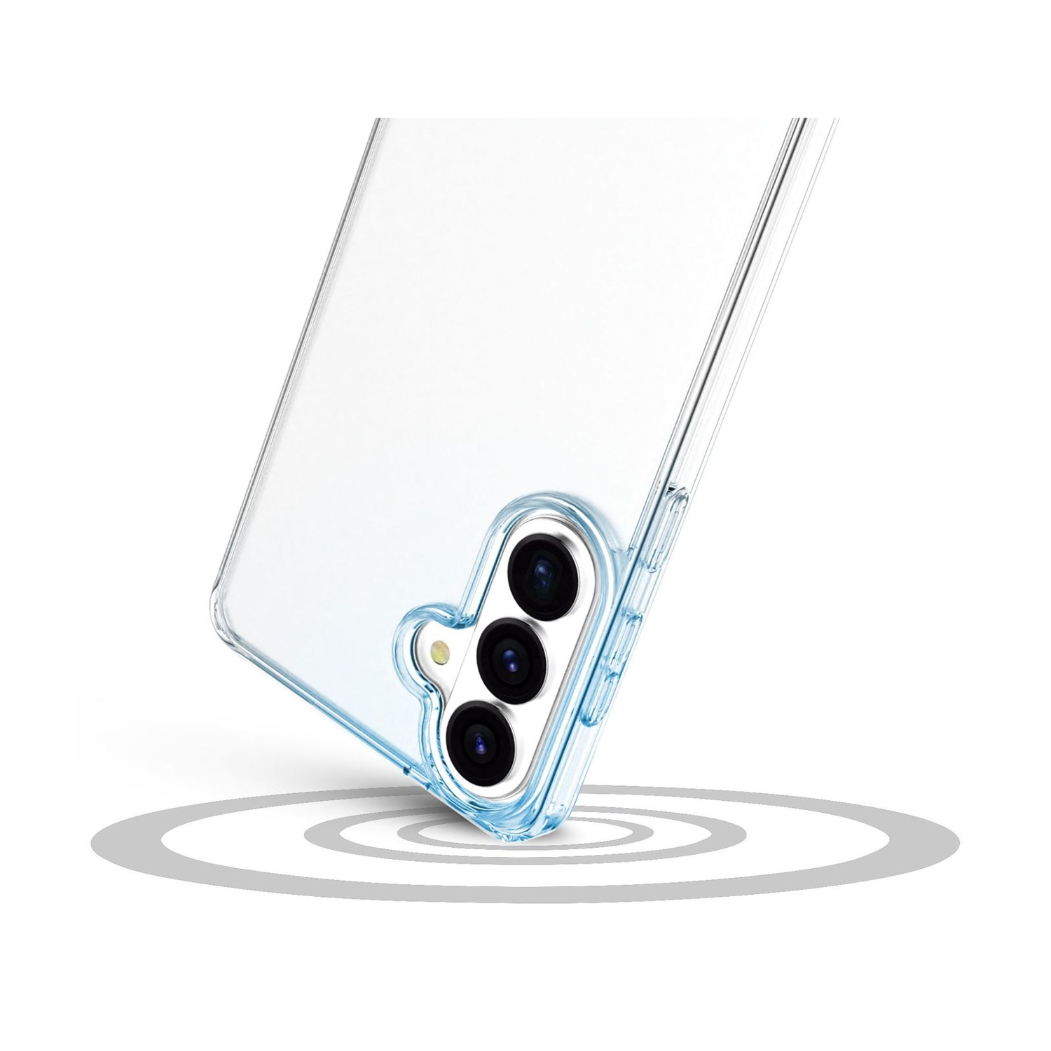 Custodia trasparente per telefono con accenti blu e tre lenti.