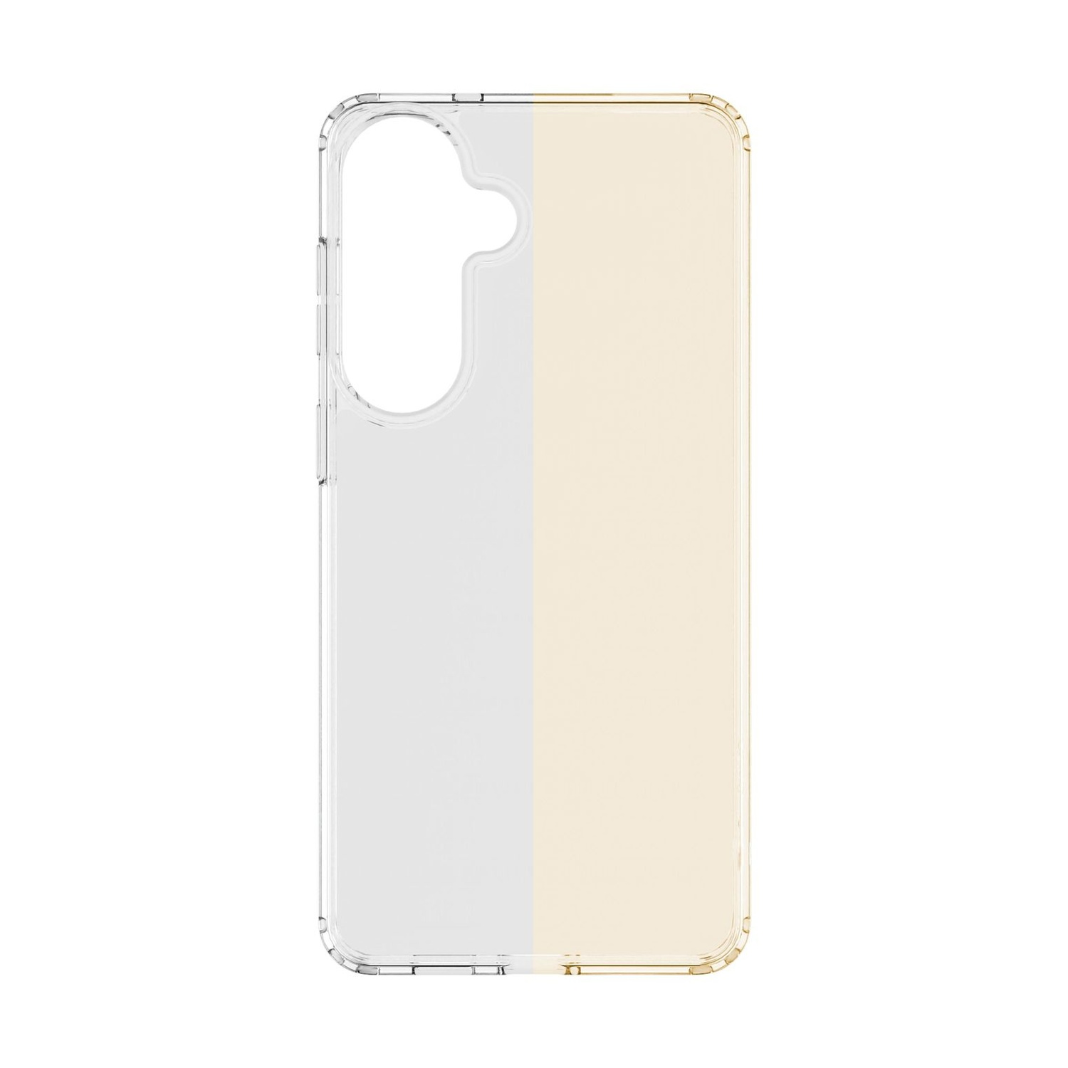 Custodia trasparente per telefono con ritaglio fotocamera e design bicolore.