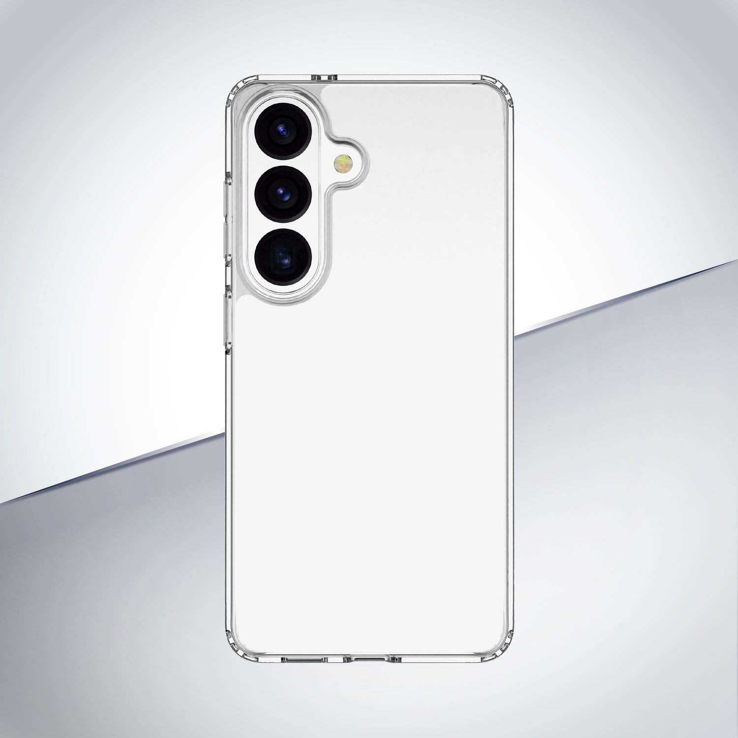 Custodia trasparente per telefono con tre lenti e flash.