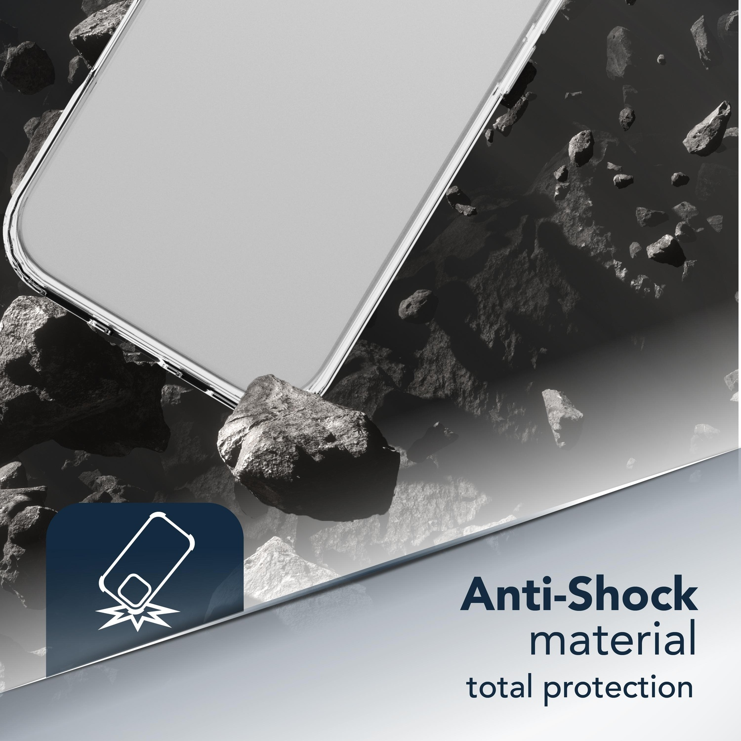 Una custodia per telefono circondata da rocce, che indica materiale antiurto.