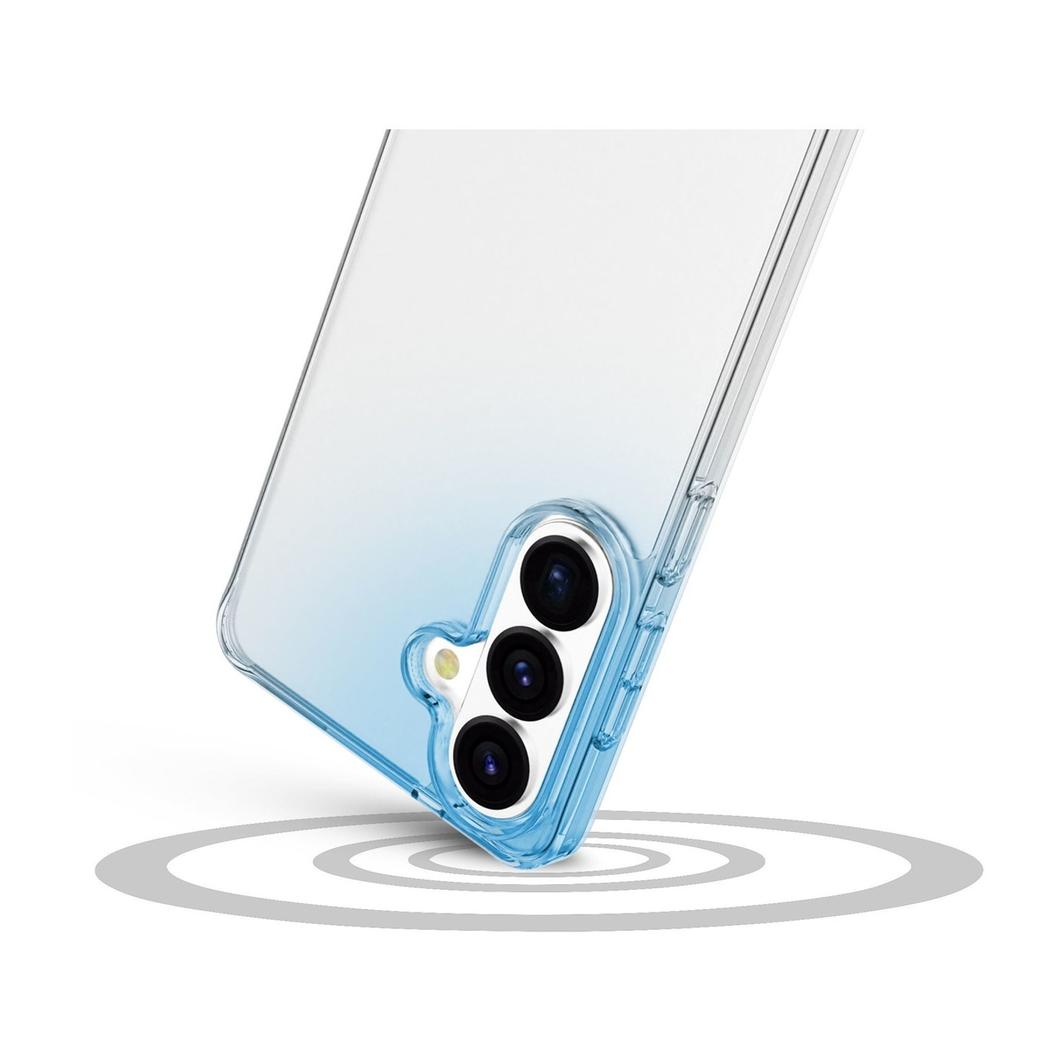 Una custodia trasparente per telefono con accenti blu sul retro e fotocamere.