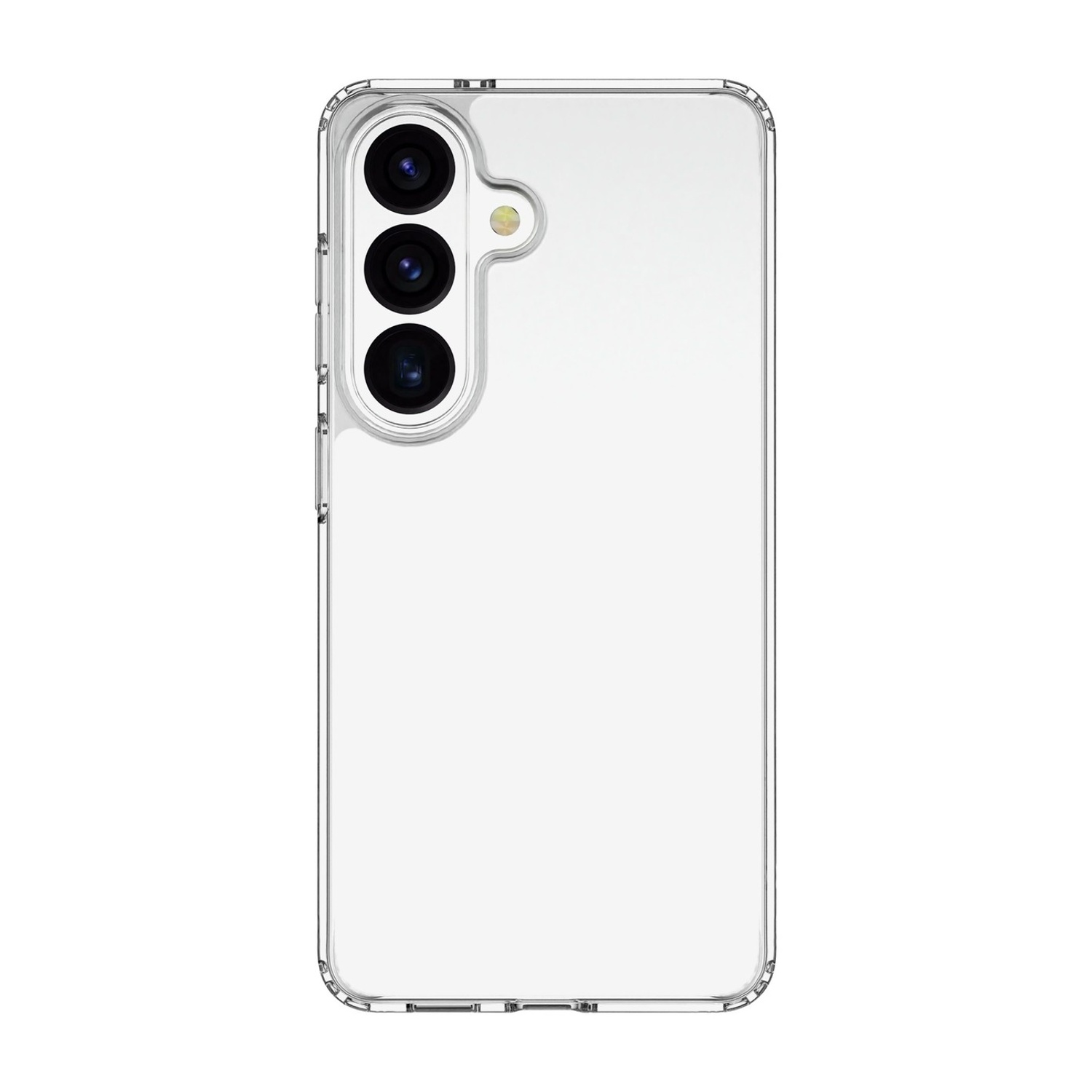 Una cover trasparente per telefono con tre obiettivi e flash.