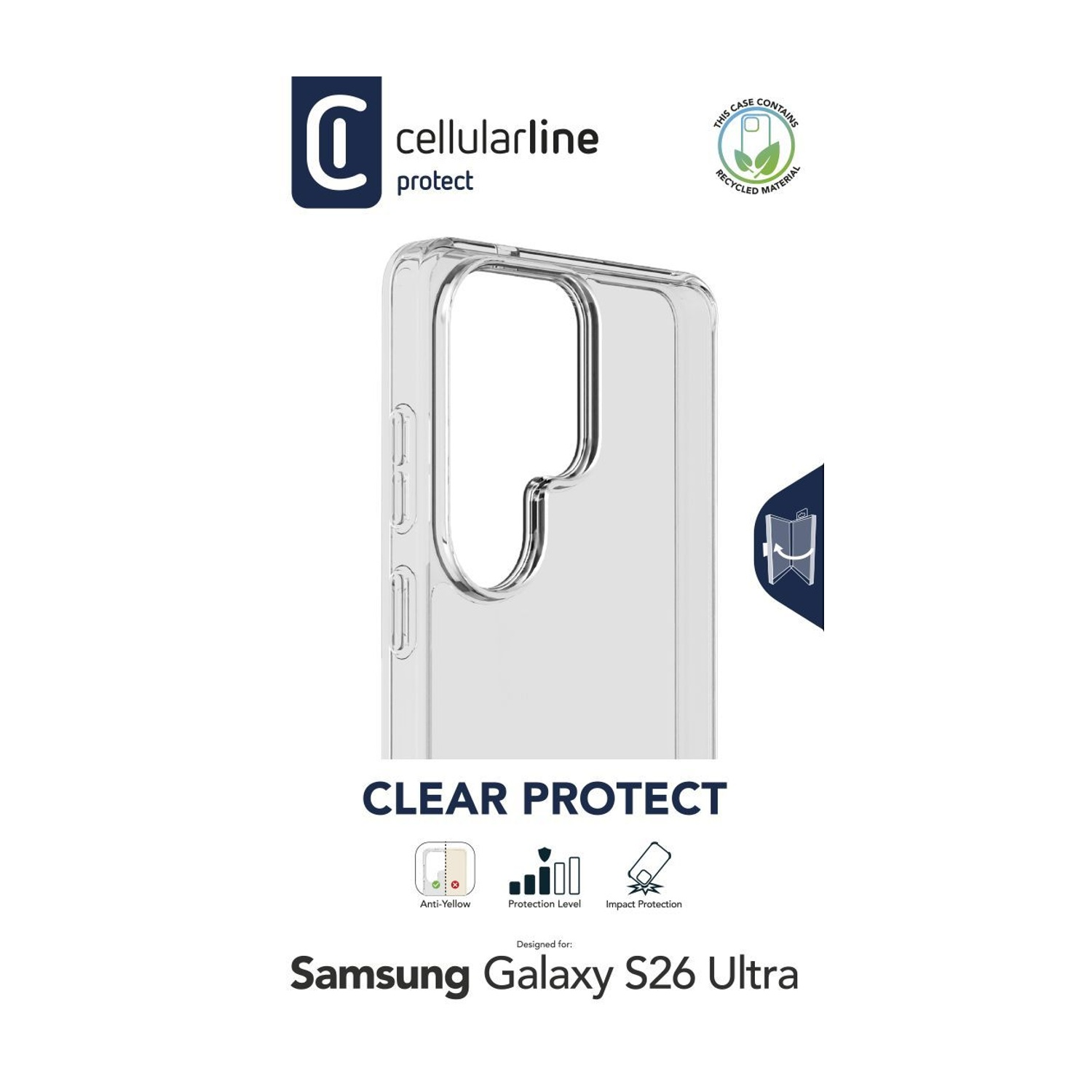 Custodia protettiva trasparente per Samsung Galaxy S26 Ultra con materiale riciclato.