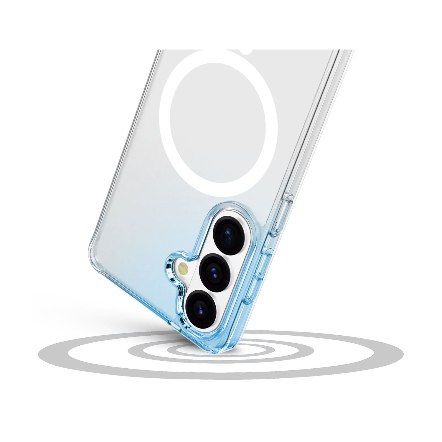 Una custodia trasparente per telefono con bordo blu e cerchio magnetico.