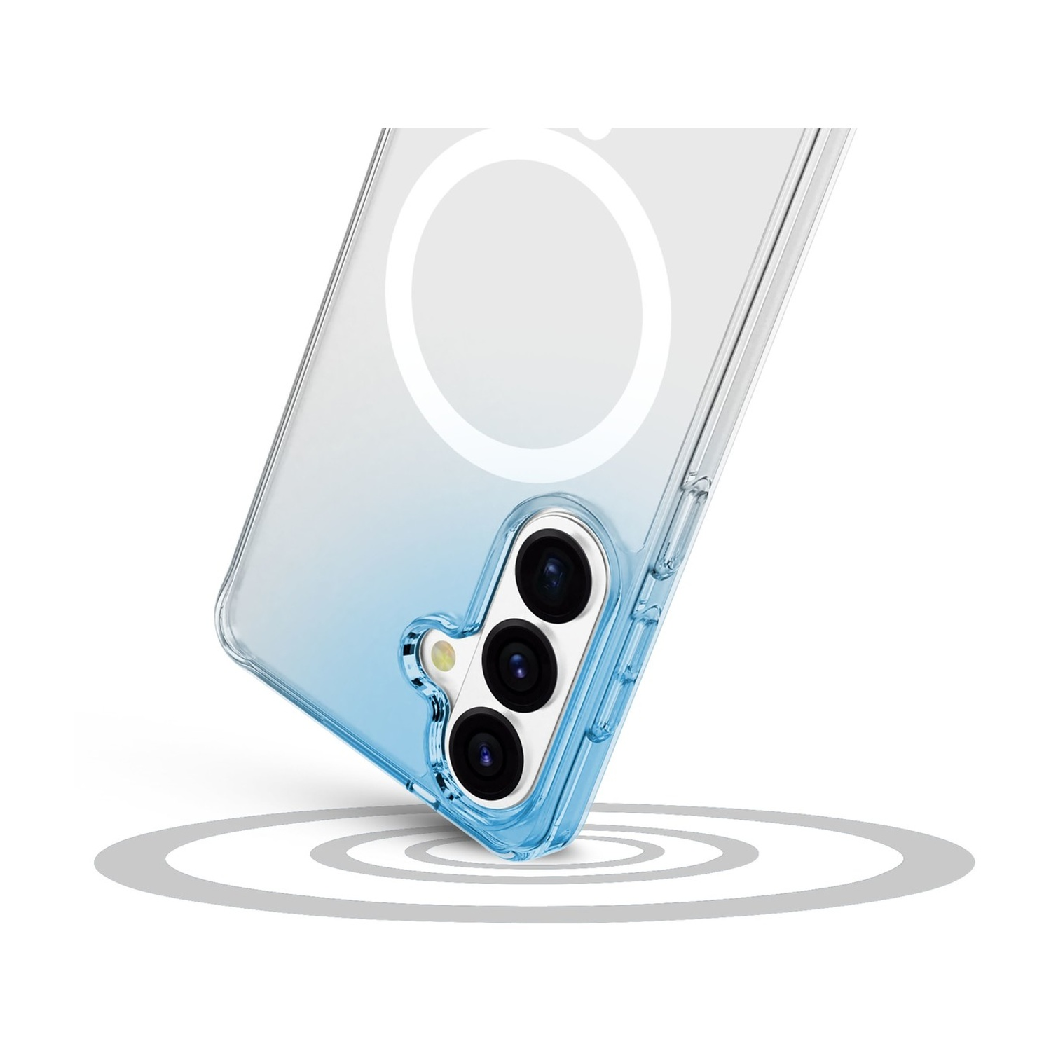 Custodia trasparente per telefono con accenti blu, tre fotocamere e anello magnetico.
