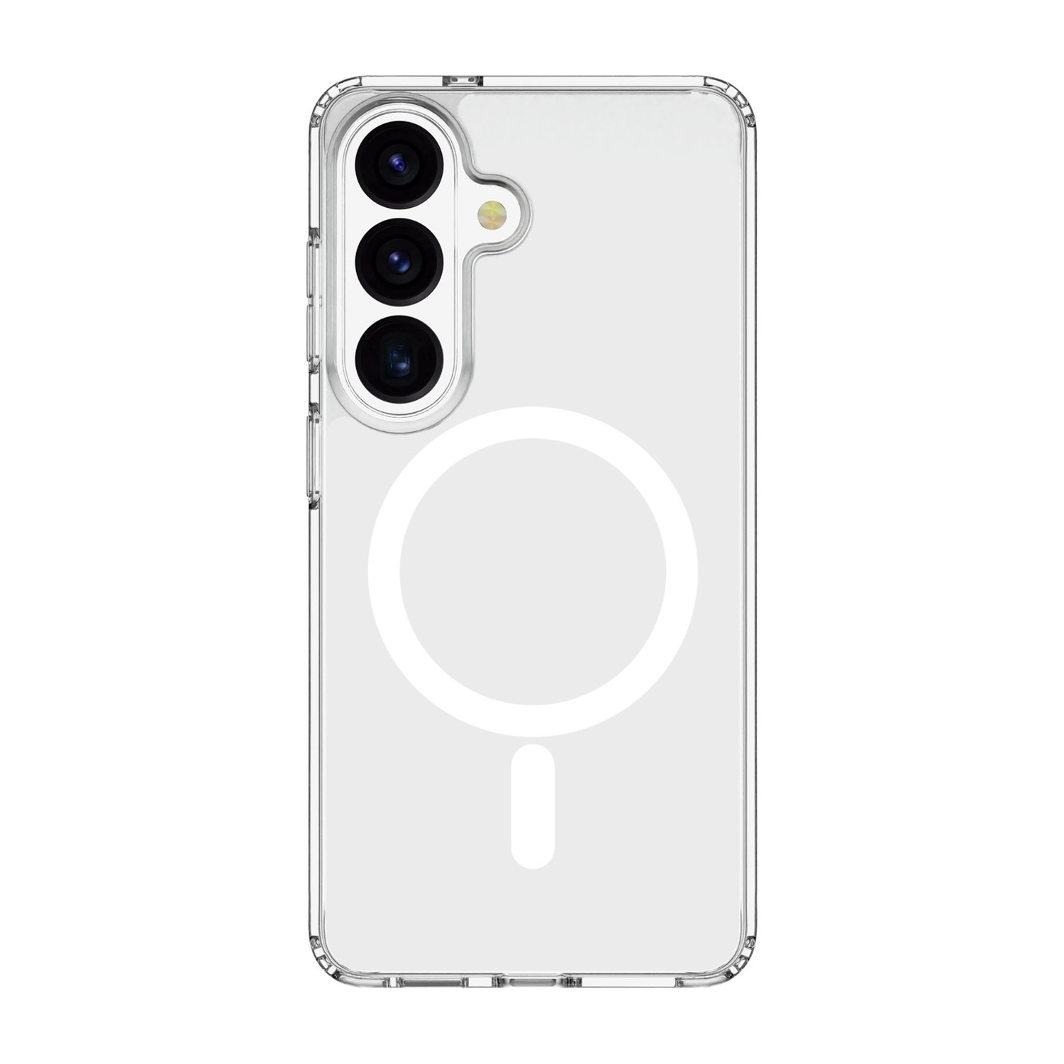 Custodia trasparente per telefono con tre obiettivi della fotocamera e anello magnetico.