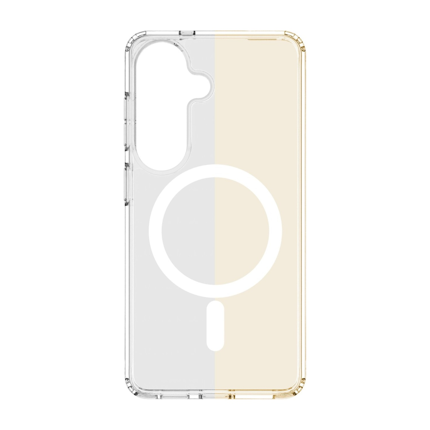 Custodia trasparente per telefono con cerchio bianco e motivo a linee, bicolore.