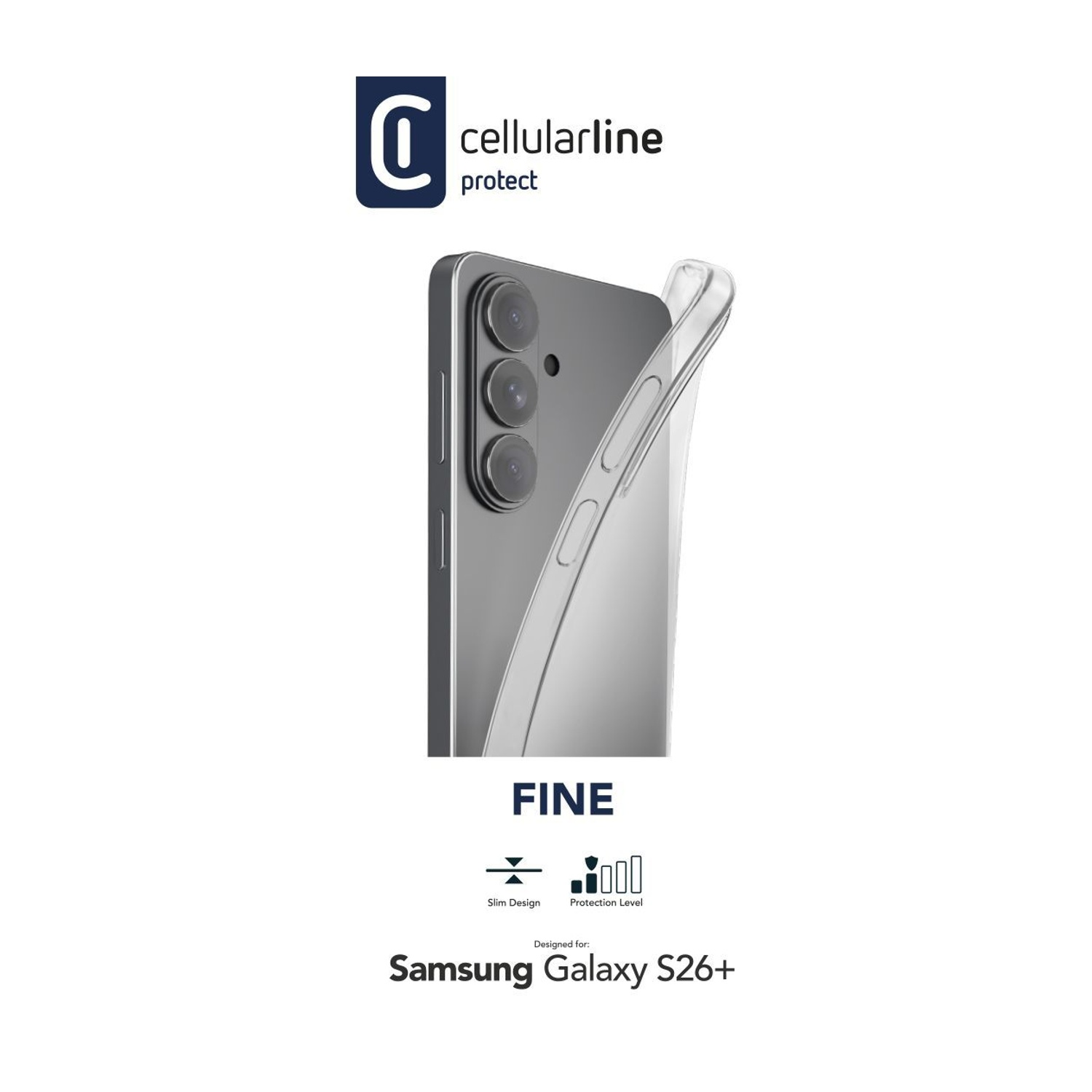 Custodia trasparente per Samsung Galaxy S26+ con logo.