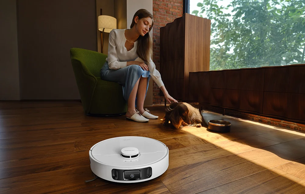 Egy nő megsimogat egy kutyát robotporszívó mellett fa padlón.