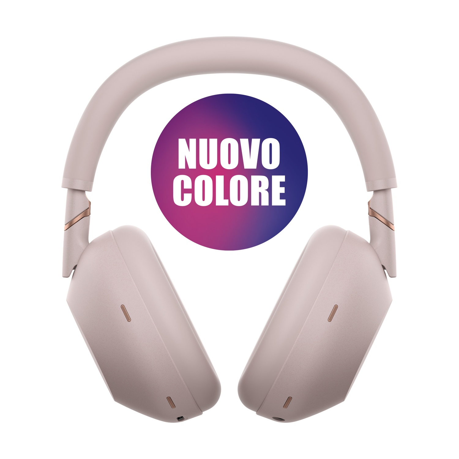 Cuffie beige con cerchio che dice 'NUOVO COLORE'.