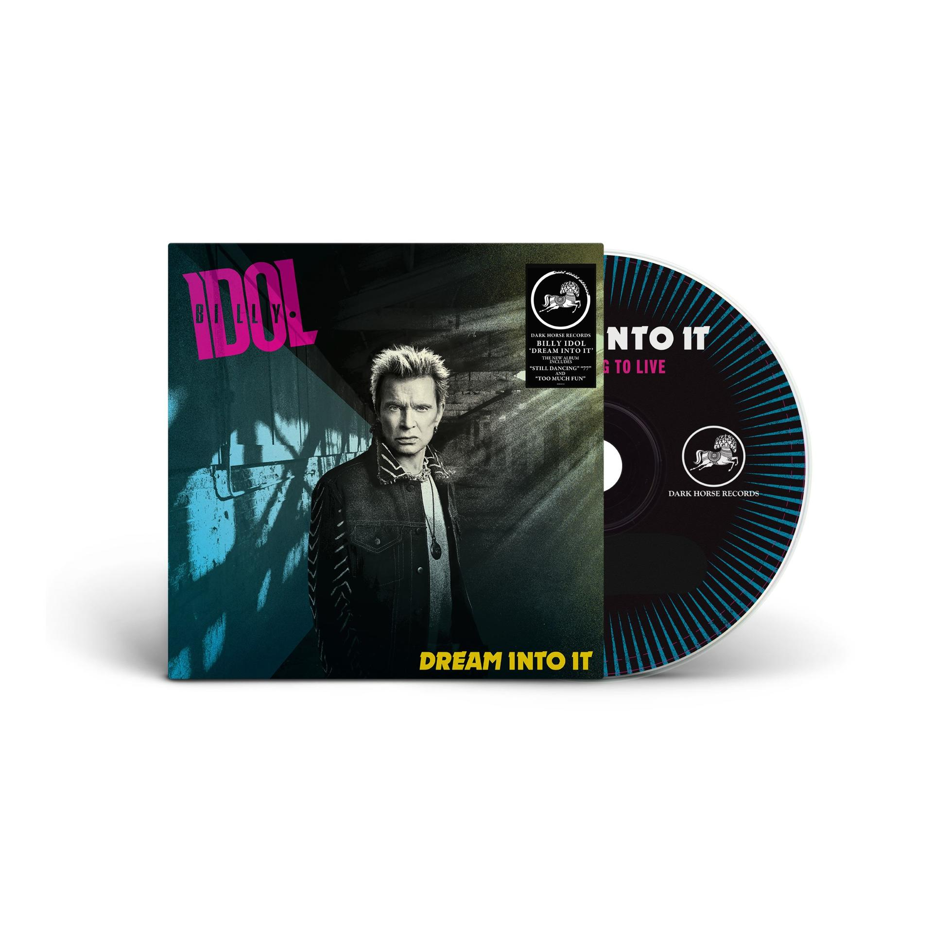 Billy Idol az 'Dream Into It' albumának borítóján, mellette egy CD.