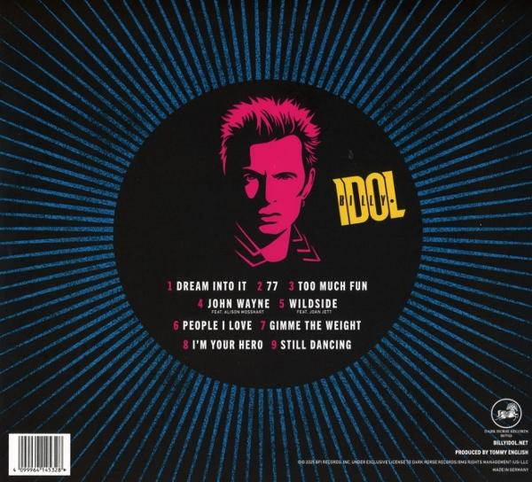 Billy Idol album borító fejjel, dalok listája kék háttérrel.