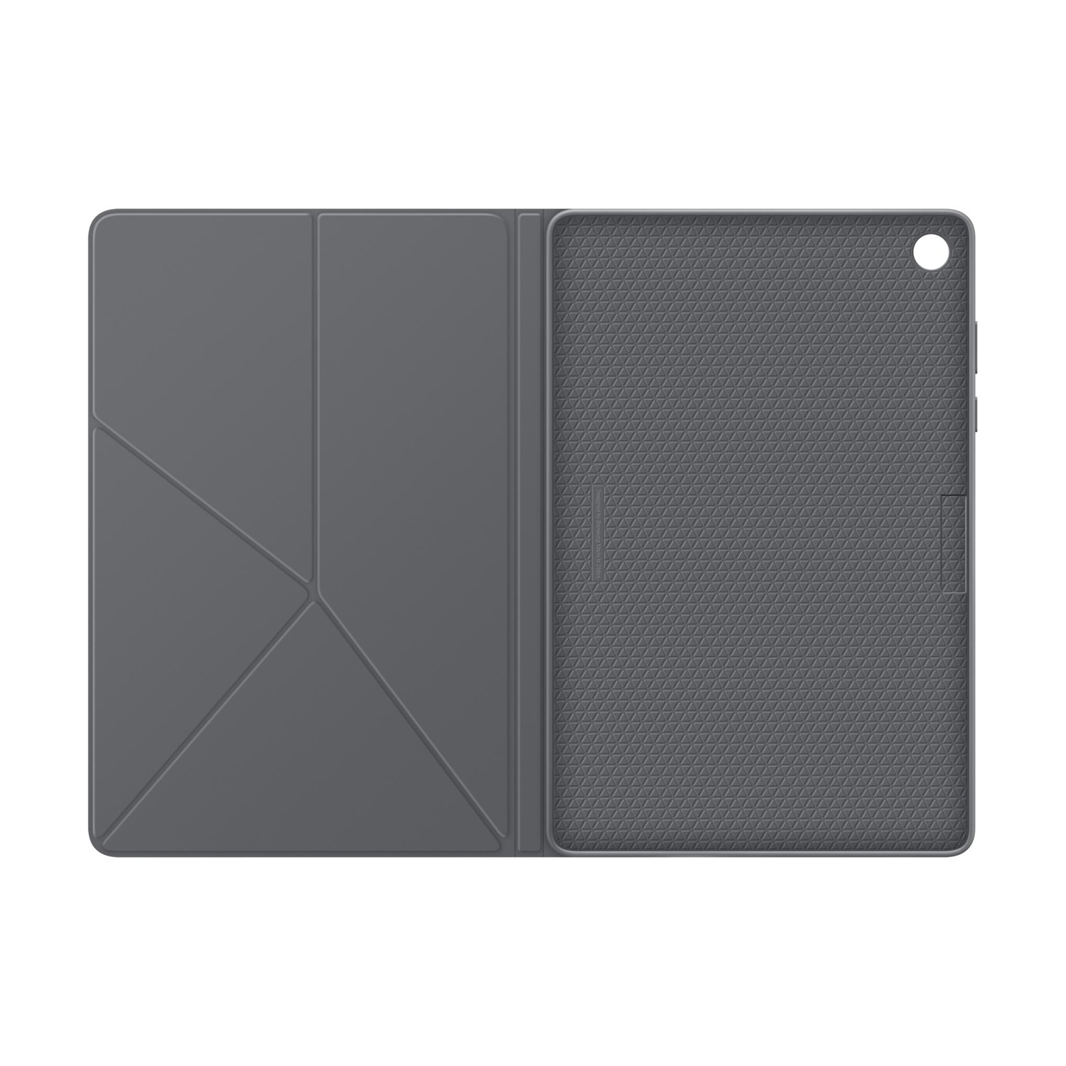 Custodia grigia per tablet, aperta, mostra fronte e retro con motivo geometrico.