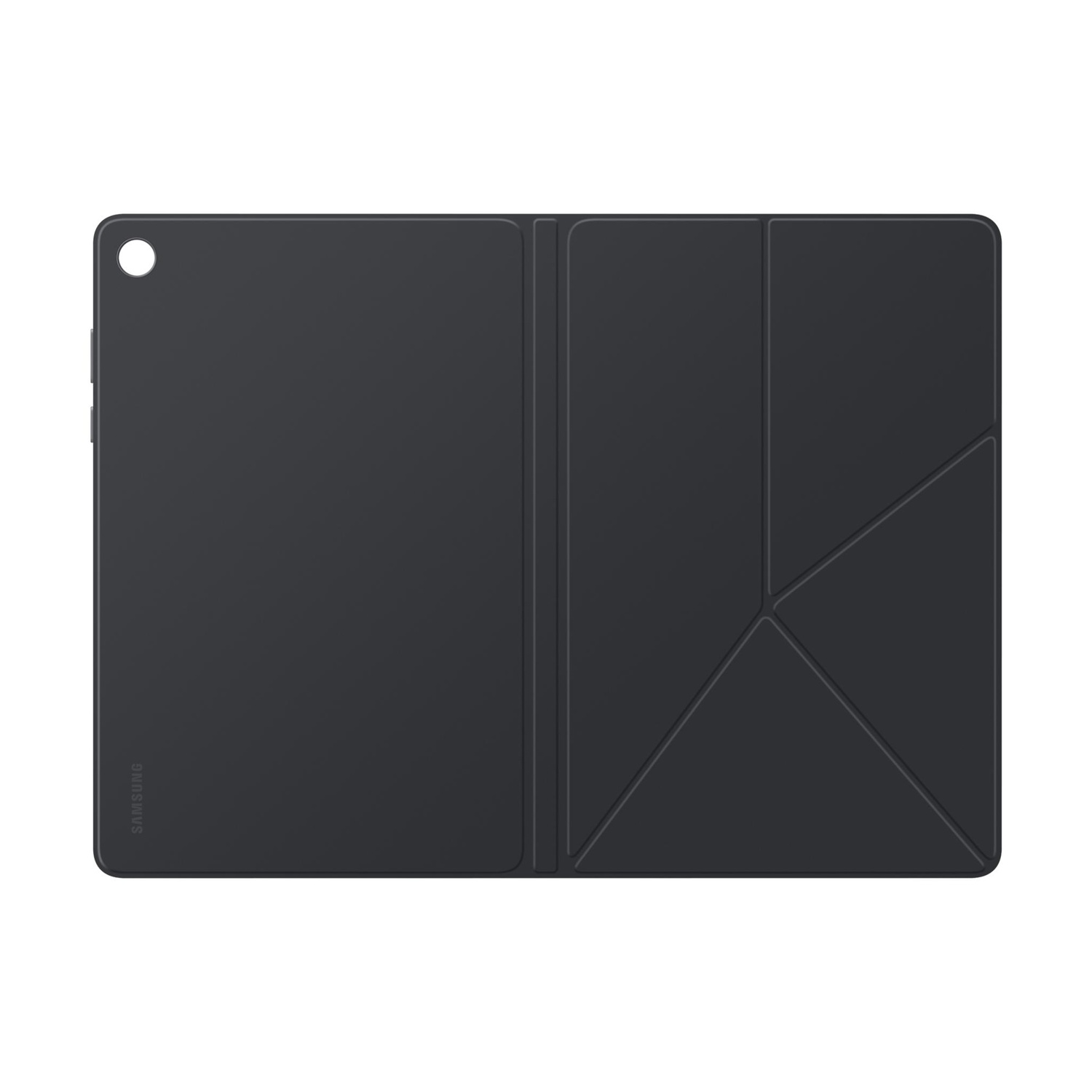Custodia nera per tablet con copertina piegata e logo Samsung. Cerchio bianco in alto.