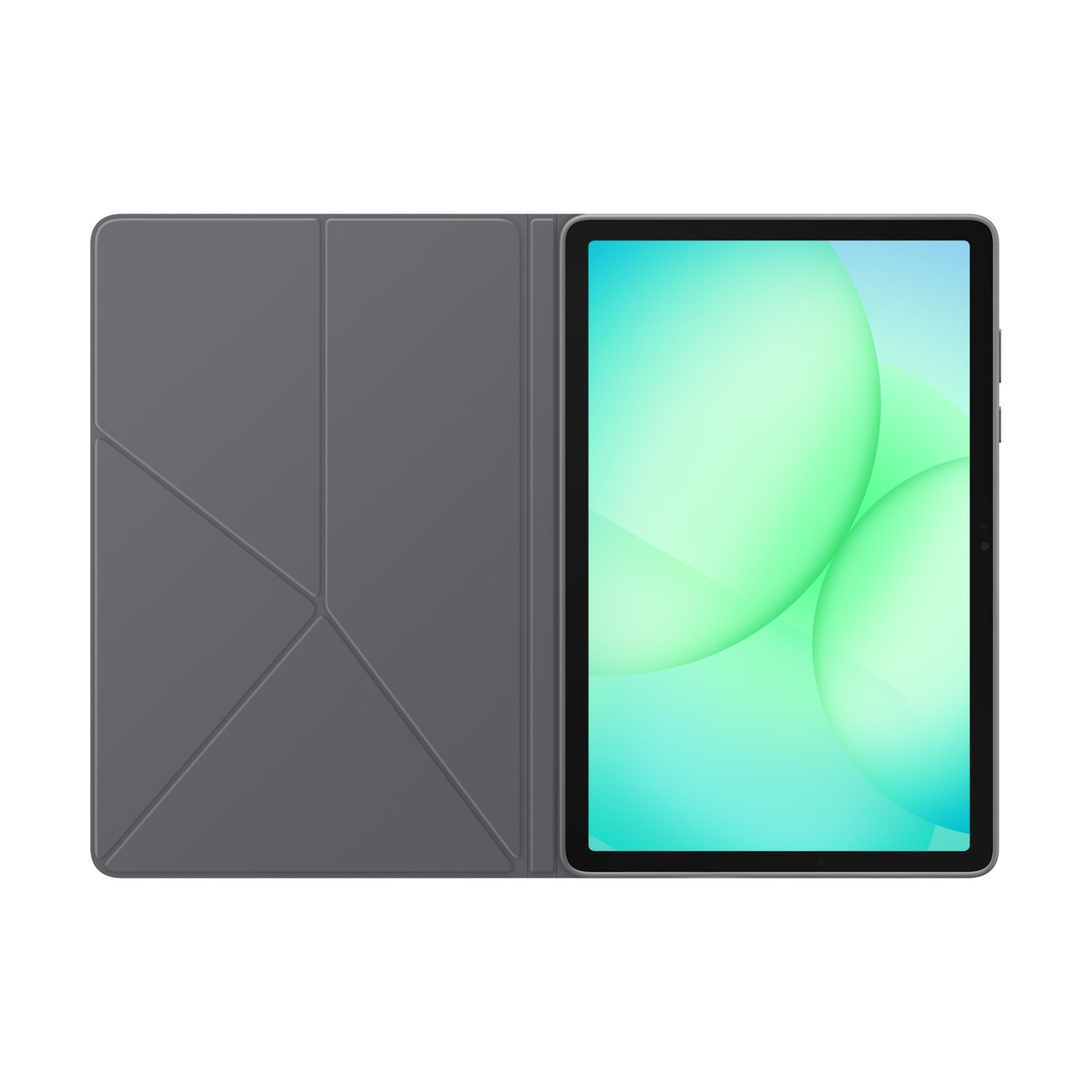 Tablet grigio con supporto aperto e sfondo verde-blu.
