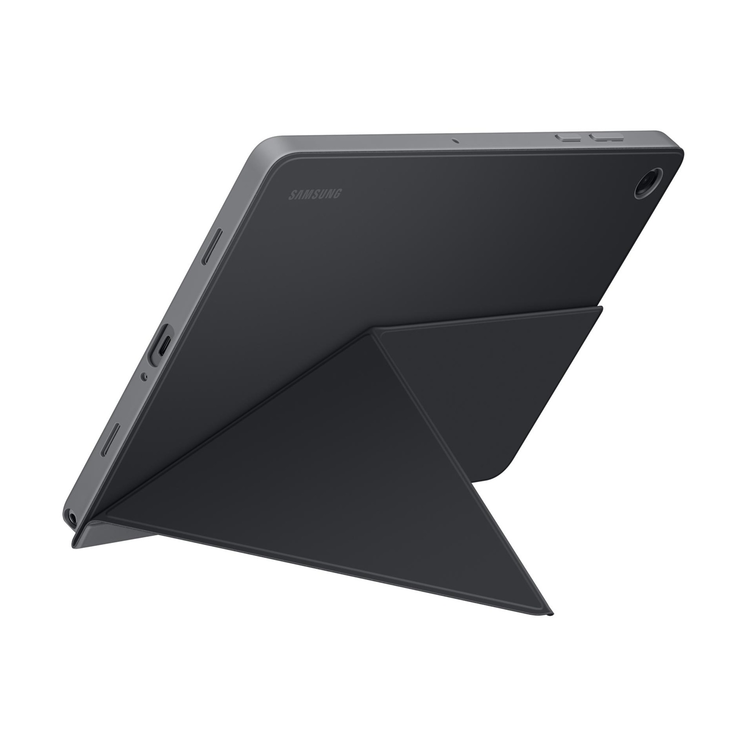 Un tablet Samsung grigio con una custodia scura piegata come supporto.
