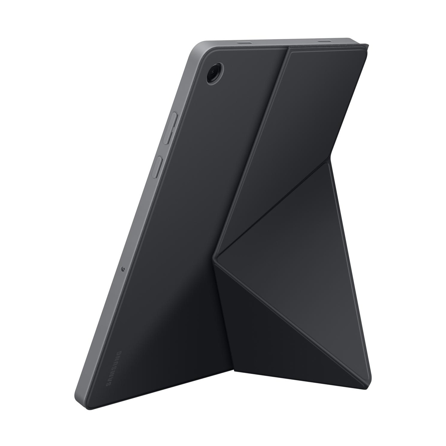 Un tablet grigio con una custodia scura che funge da supporto.