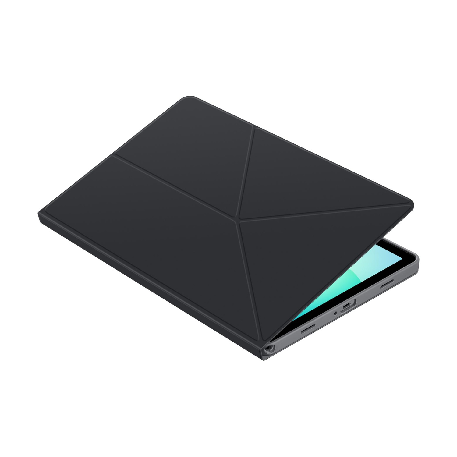 Un tablet nero con una copertina aperta su sfondo bianco.