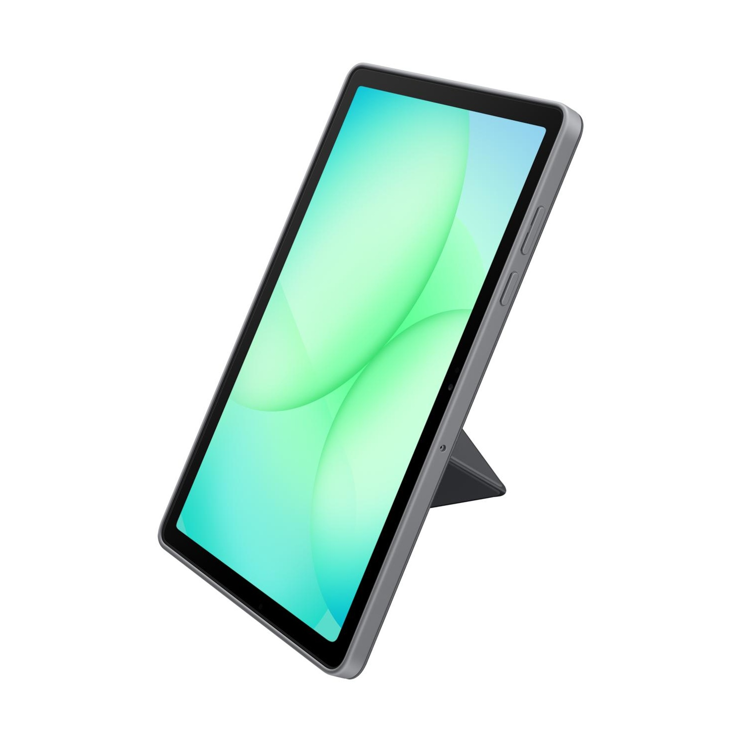 Un tablet grigio con sfondo verde e blu è in posizione verticale.