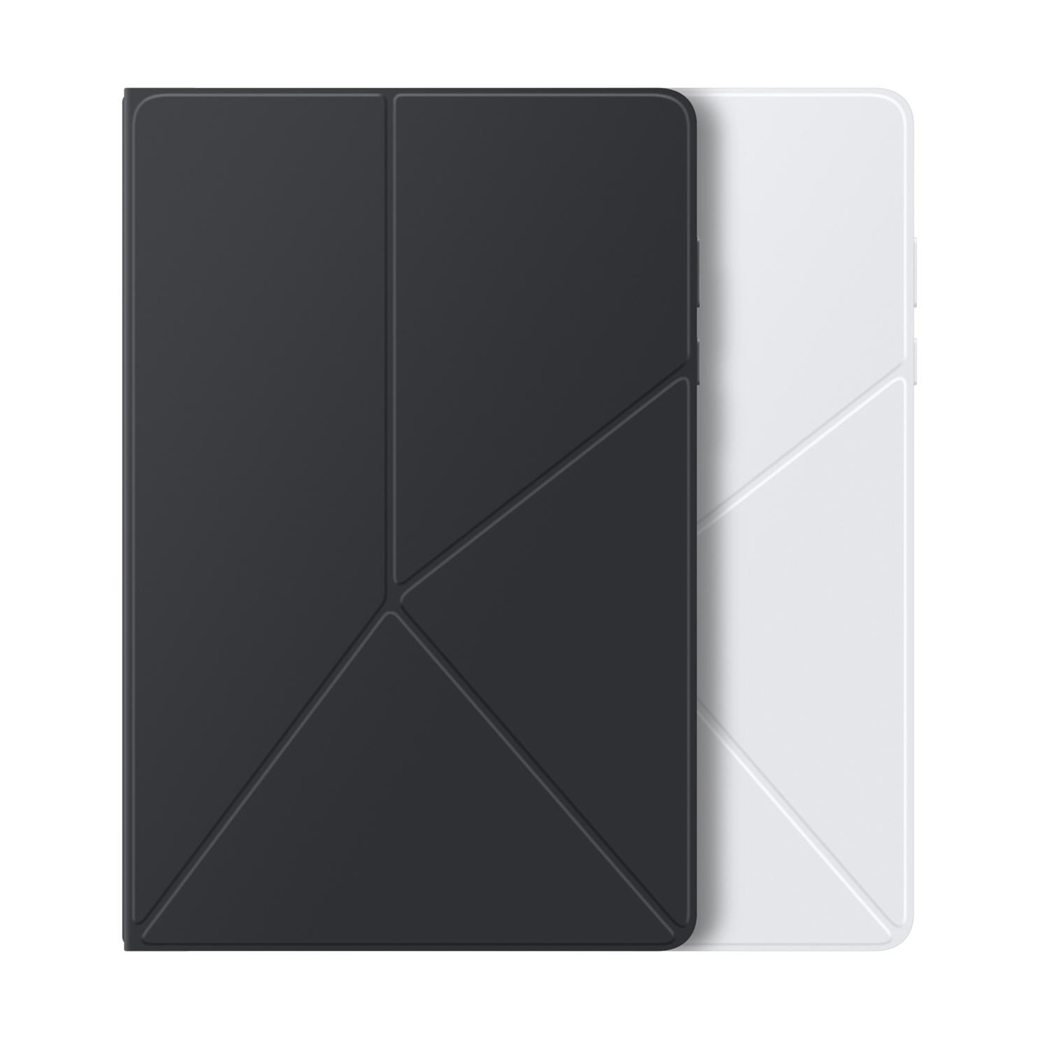 Due custodie per tablet, una nera e una bianca, con design pieghevole.