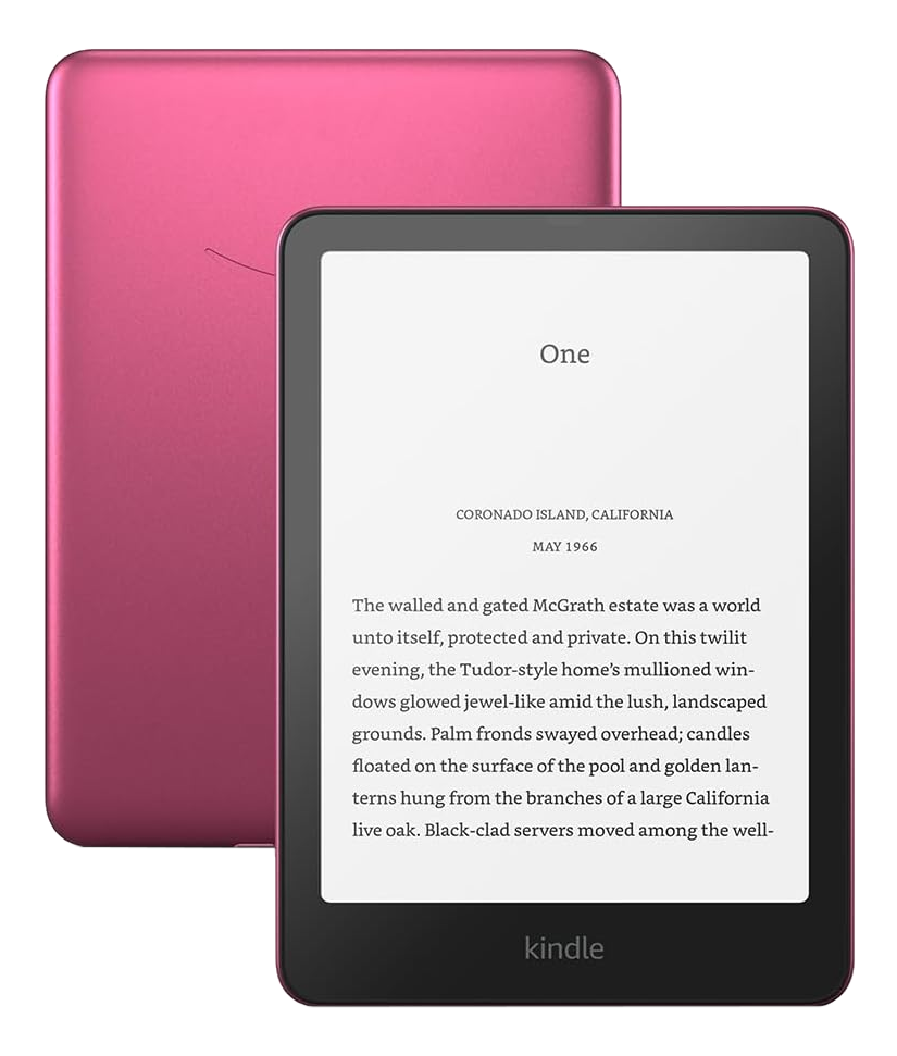 Ein pinker Kindle E-Reader wird angezeigt und zeigt die Titelseite eines Buches mit Text.