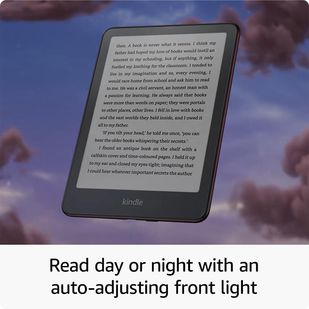 Ein Kindle-E-Reader mit Text auf dem Bildschirm vor einem dramatischen Himmel.