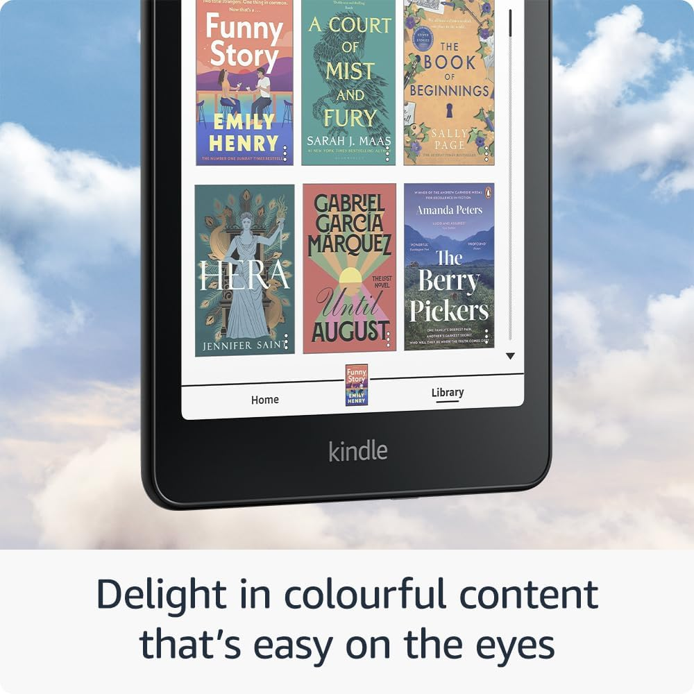 E-reader mostra copertine: Funny Story, Una Corte di Nebbia, Il Libro degli Inizi, Hera.