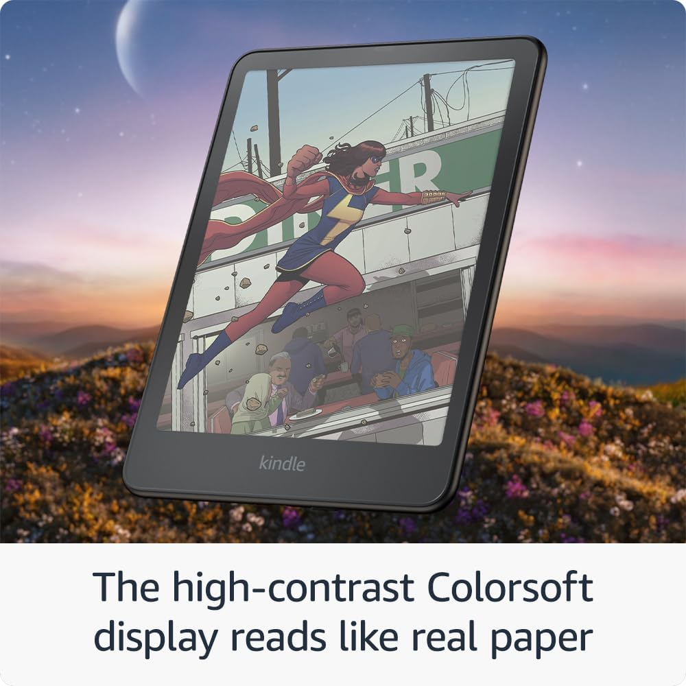 Un e-reader mostra un fumetto di una supereroina. Fuori è il crepuscolo.