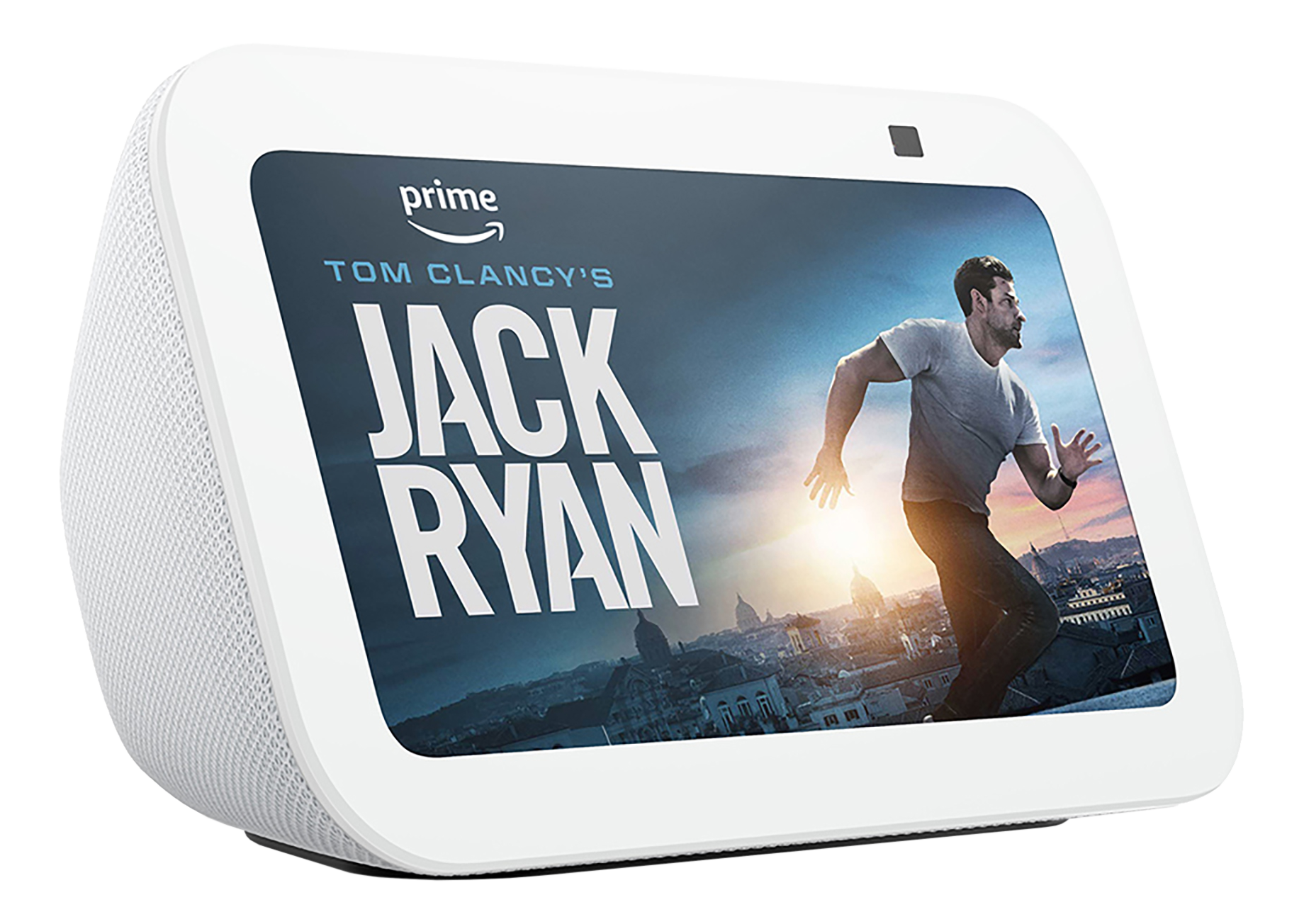 Un homme court sur une vue de ville, texte « Jack Ryan » à l'écran.