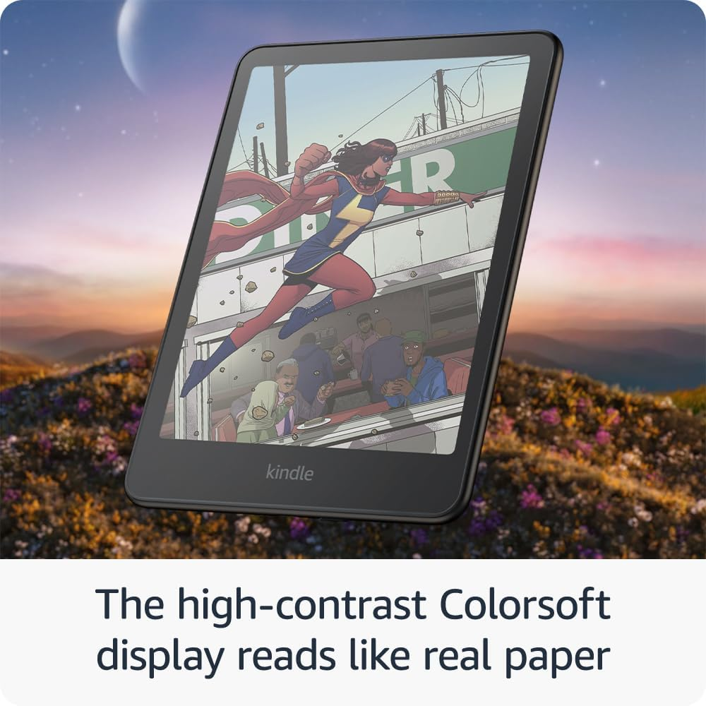 Ein E-Reader zeigt einen Comic mit einer Superheldin vor einer Stadtkulisse.
