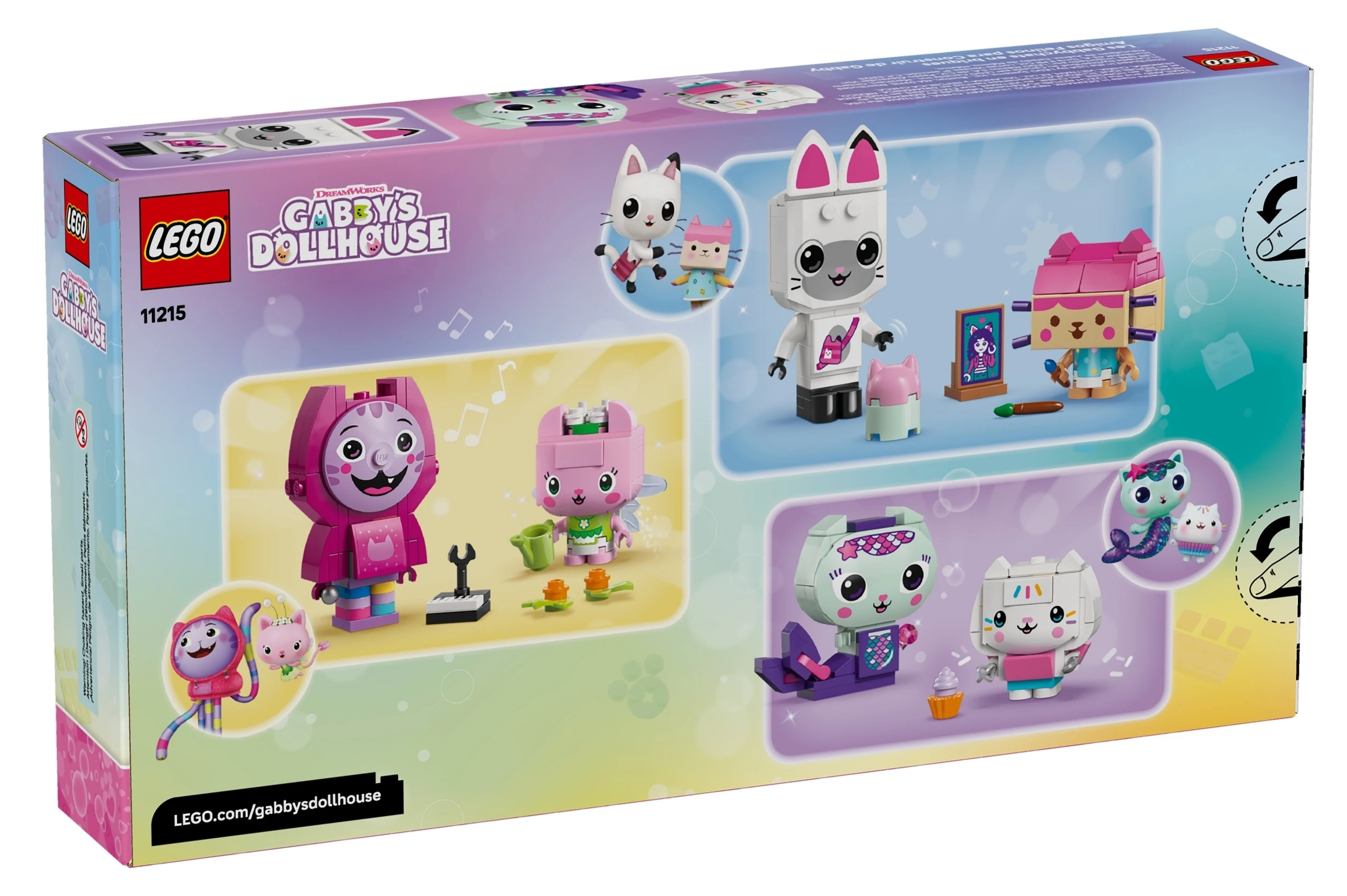 Pudełko LEGO Gabby's Dollhouse z kolorowymi figurkami kotów i klockami.