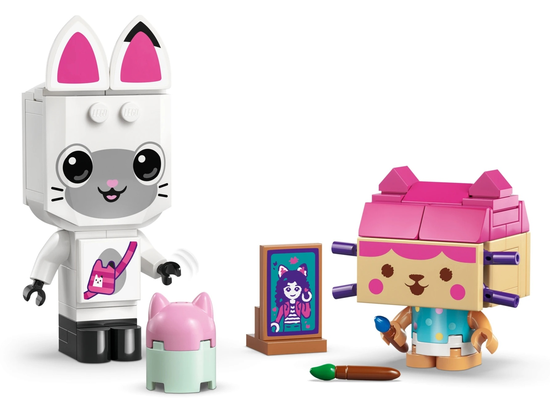 Figurki LEGO: biały kot z różowymi uszami, mały kotek, obrazek, brązowy kot z różowymi włosami.