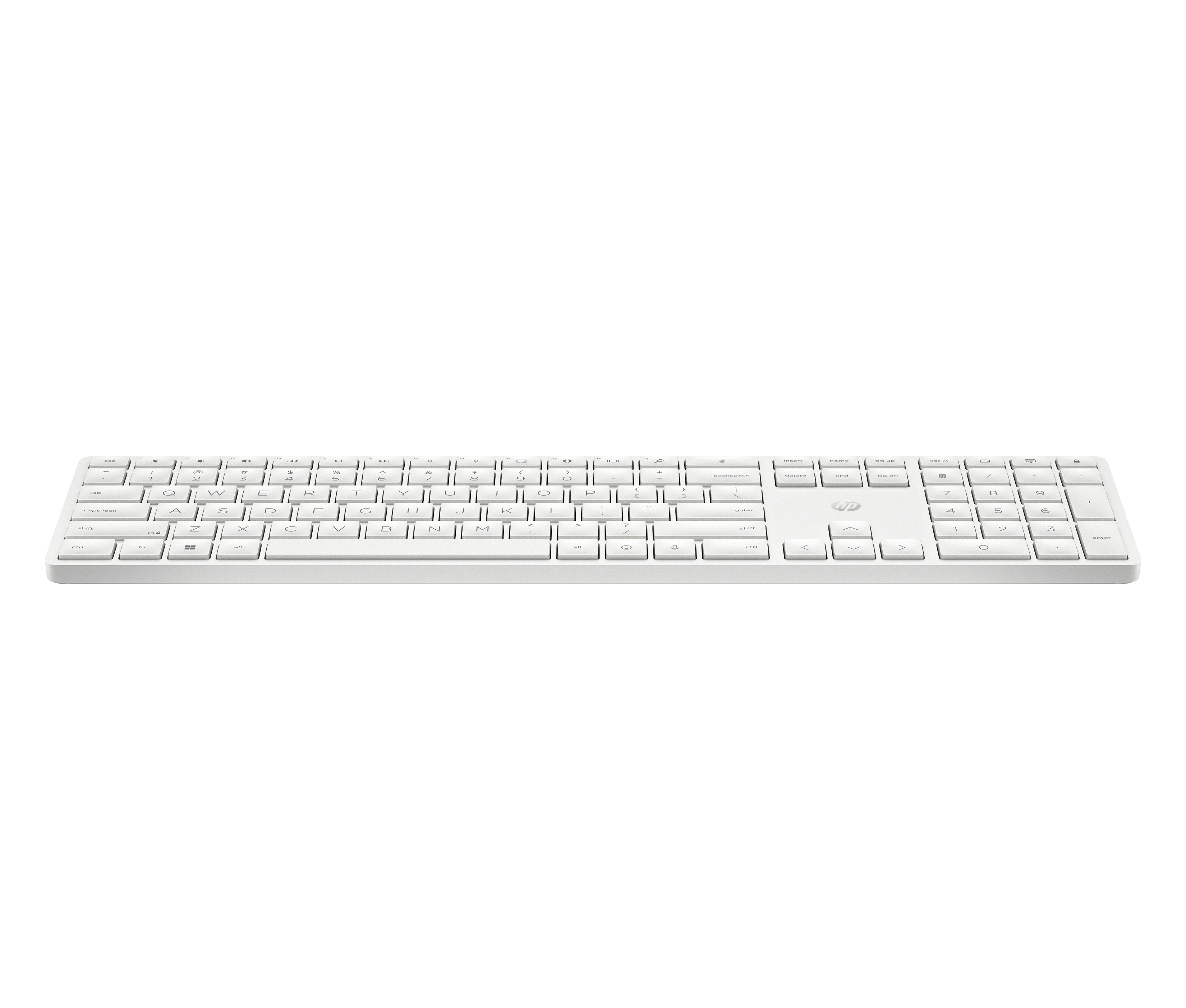 Eine weiße Tastatur mit Nummernblock und HP-Logo.