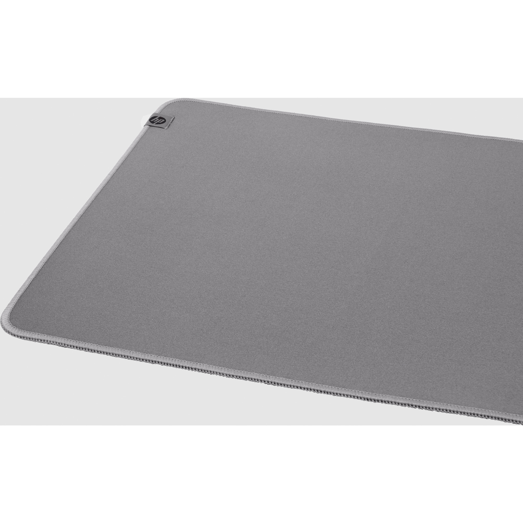 Alfombrilla de ratón HP gris con textura fina y borde cosido.