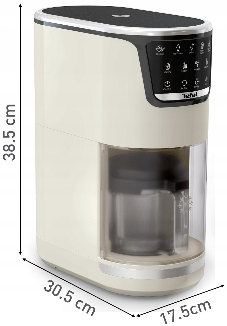 Kremowa maszynka do lodów Tefal z panelem sterowania i pojemnikiem na lód. Wymiary: 38,5x30,5x17,5cm.