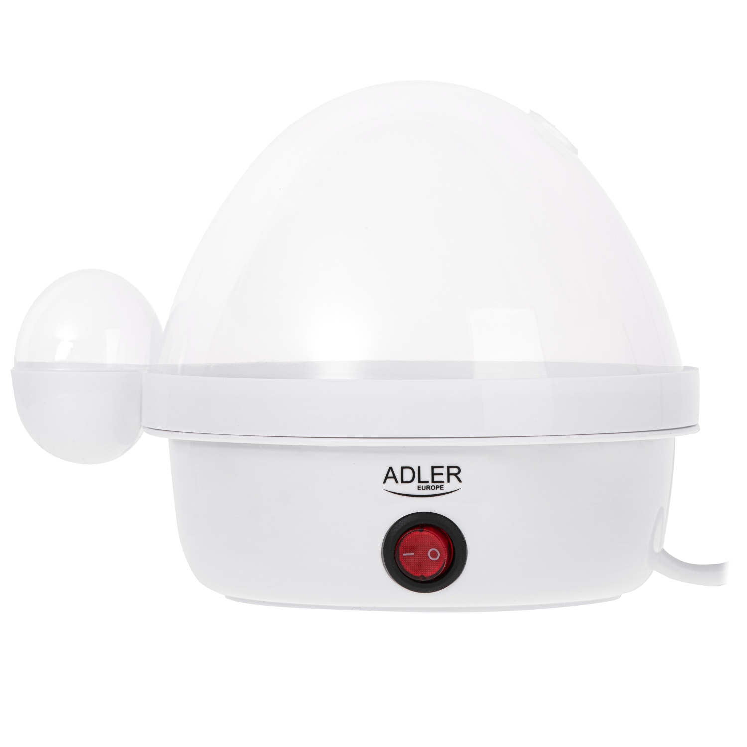 Biały jajowar z przezroczystą kopułową pokrywą, czerwonym włącznikiem zasilania i 