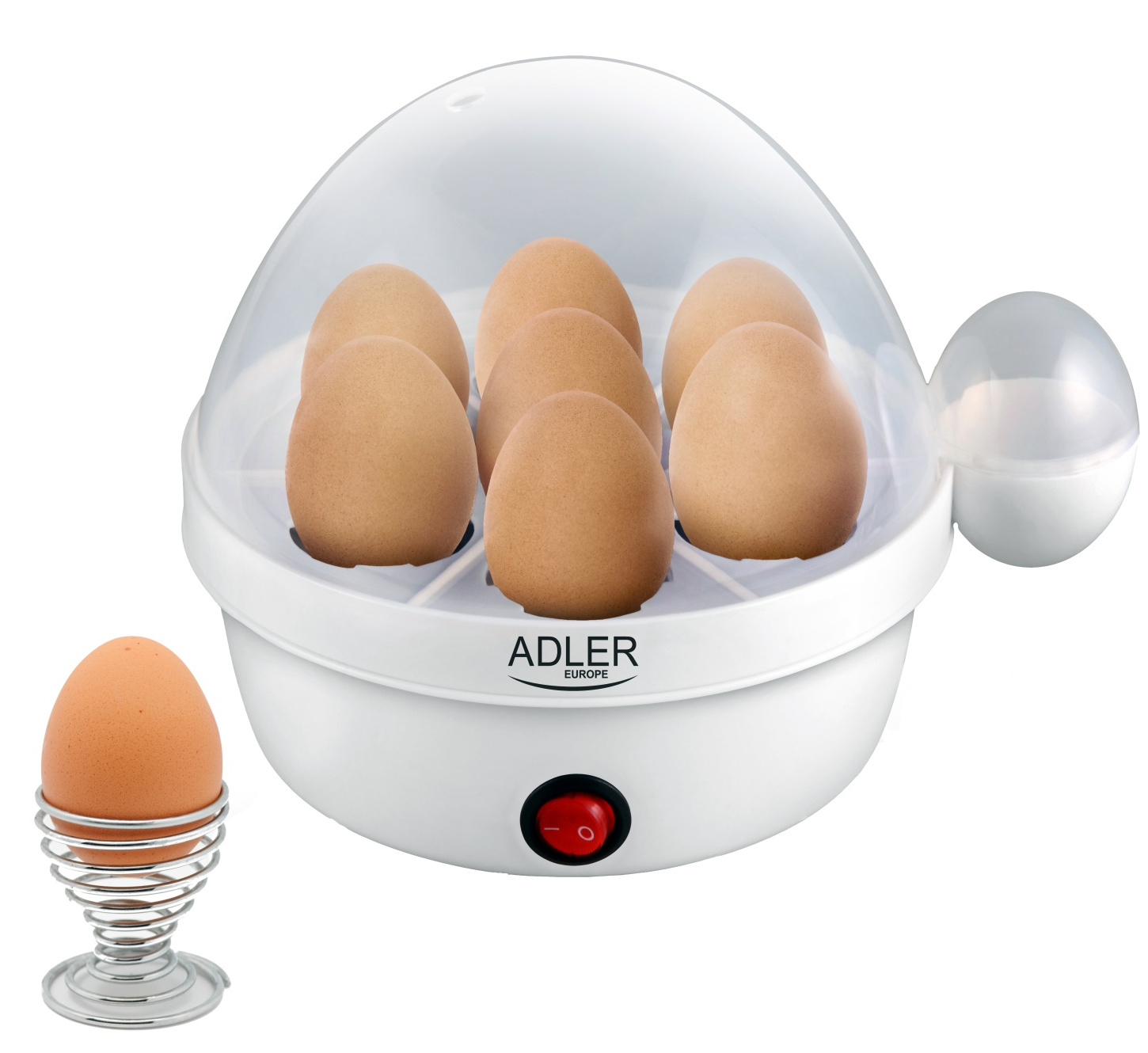 Biała maszynka do gotowania jajek z siedmioma brązowymi jajkami w środku.