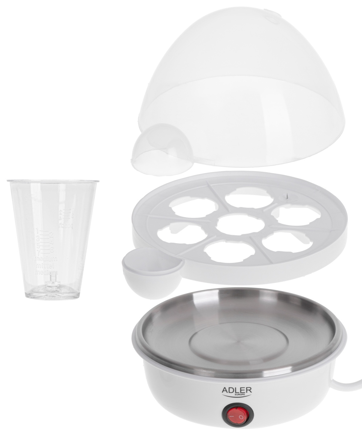 Biała parowar do jajek z akcesoriami: miarka, tacka na jajka, pokrywa parowa.