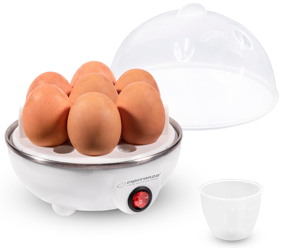 Biała maszynka do gotowania jajek z siedmioma brązowymi jajkami, pokrywką i miarką.