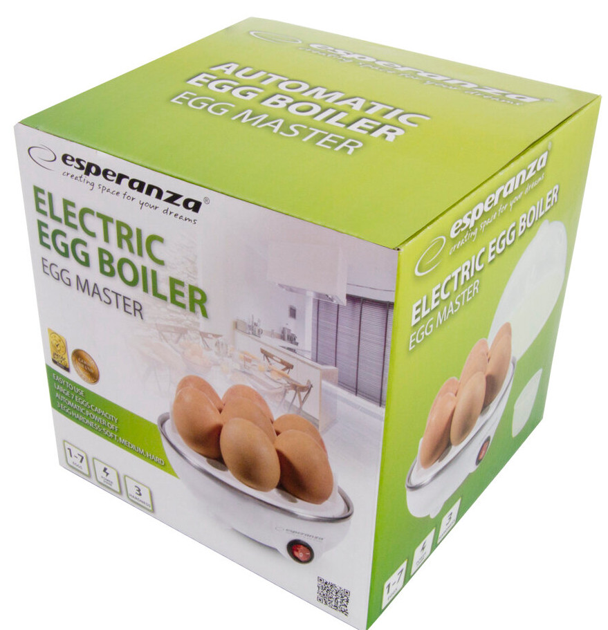 Pudełko elektrycznej wyparzarki do jajek z czterema jajkami.