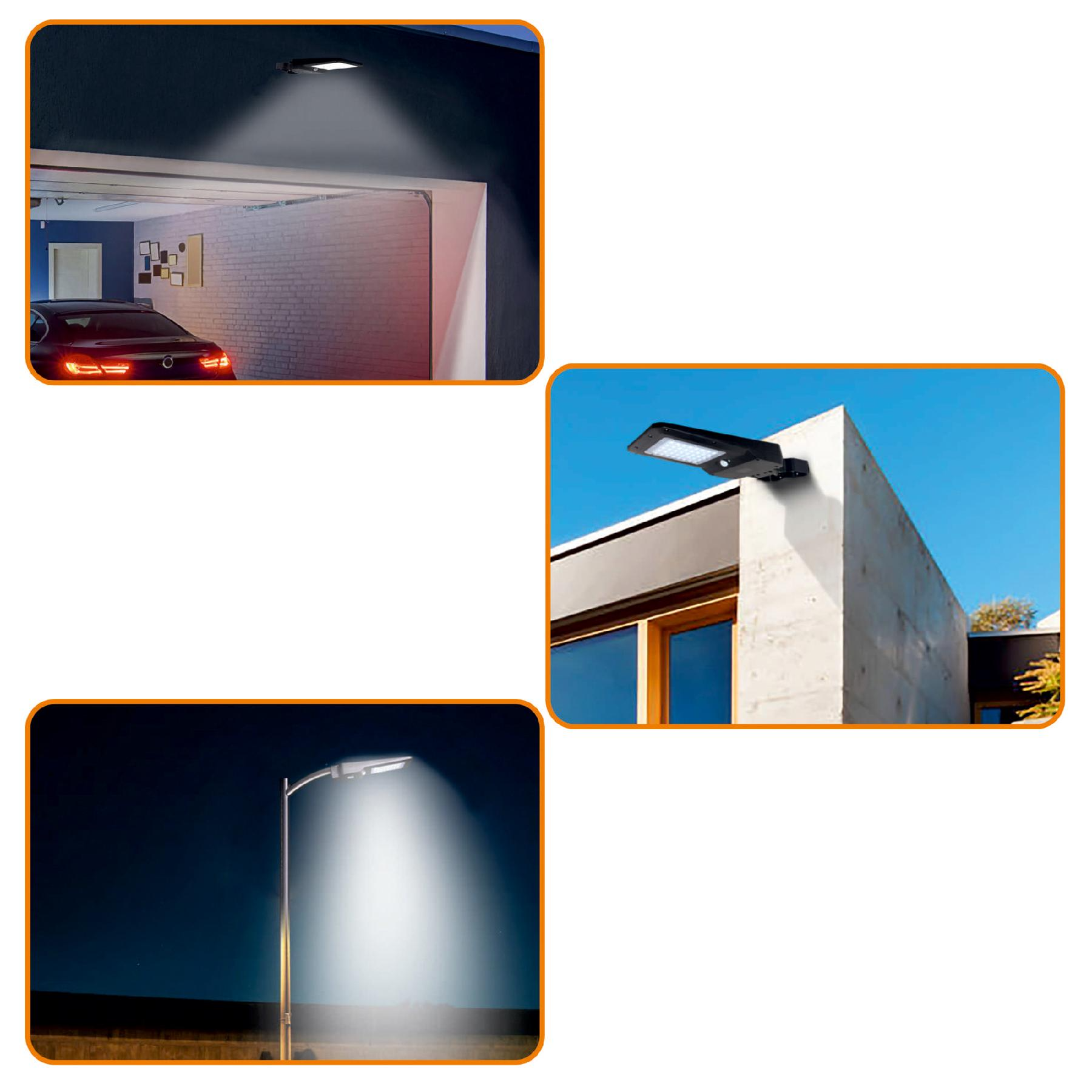 Modern LED-es reflektor világít meg egy garázst, házat és utcát.